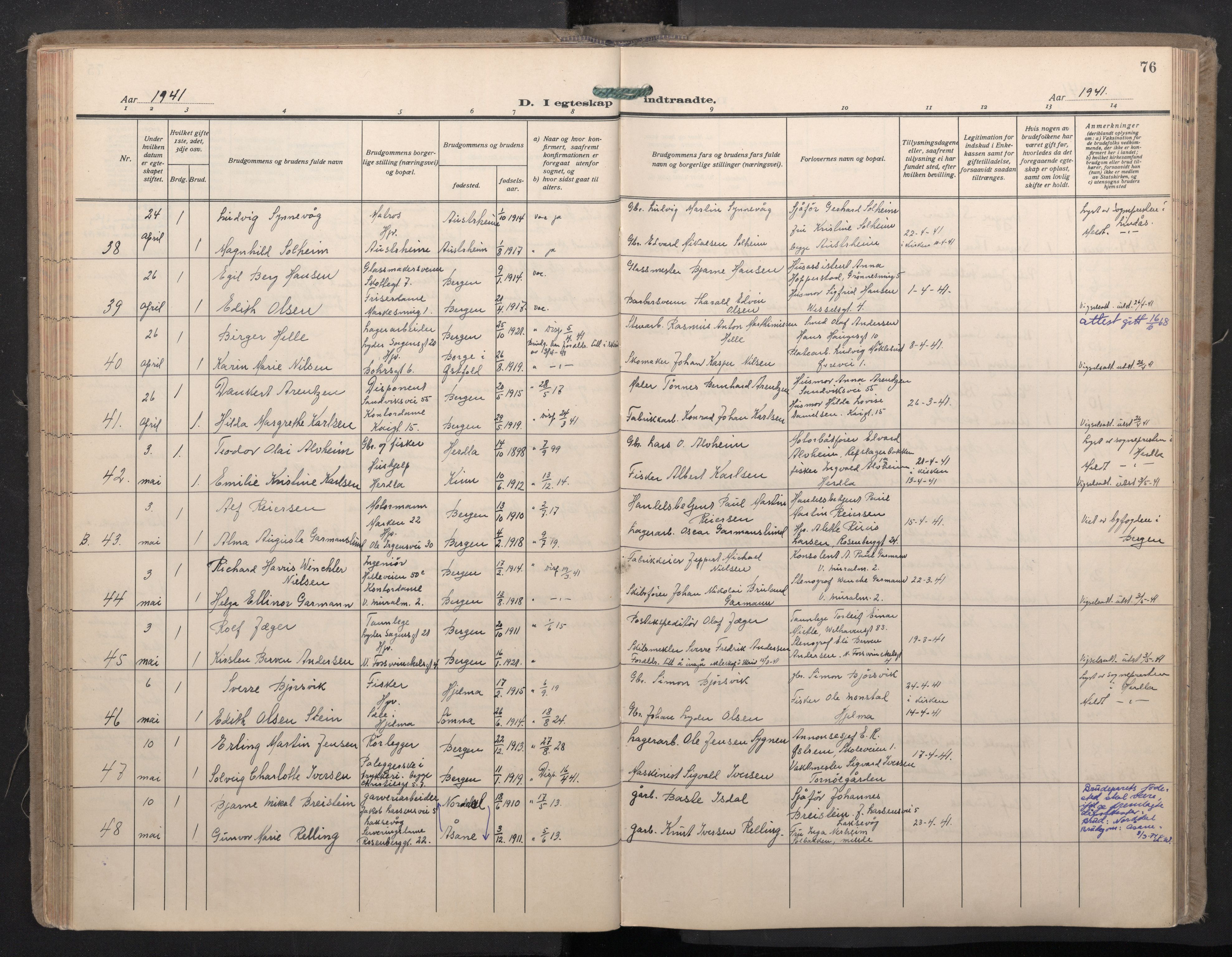 Domkirken sokneprestembete, AV/SAB-A-74801/H/Haa: Parish register (official) no. D 7, 1937-1950, p. 75b-76a