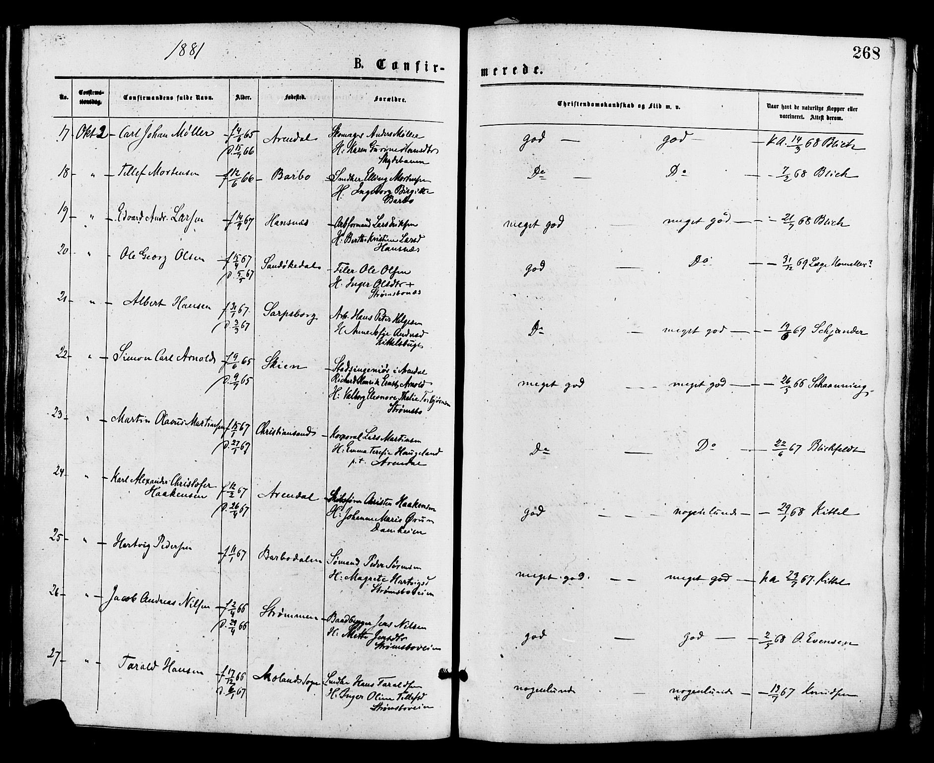 Barbu sokneprestkontor, AV/SAK-1111-0003/F/Fa/L0001: Parish register (official) no. A 1 /1, 1878-1883, p. 268