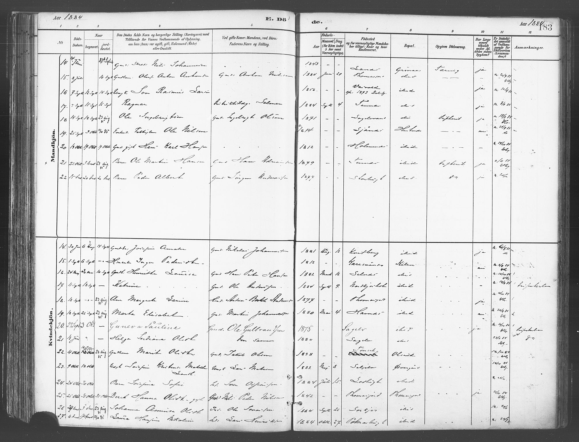 Balsfjord sokneprestembete, SATØ/S-1303/G/Ga/L0005kirke: Parish register (official) no. 5, 1884-1897, p. 183