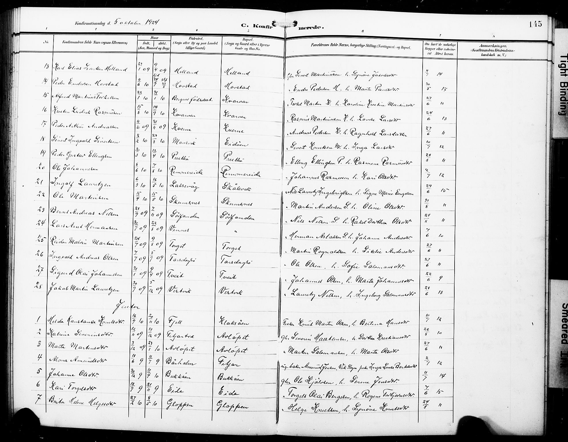 Fitjar sokneprestembete, SAB/A-99926: Parish register (copy) no. B 1, 1906-1928, p. 145