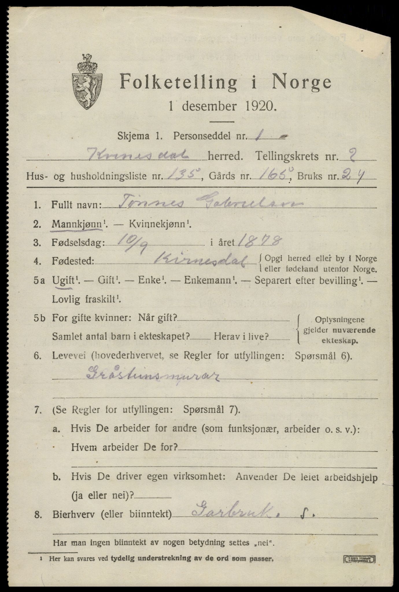 SAK, 1920 census for Kvinesdal, 1920, p. 3161