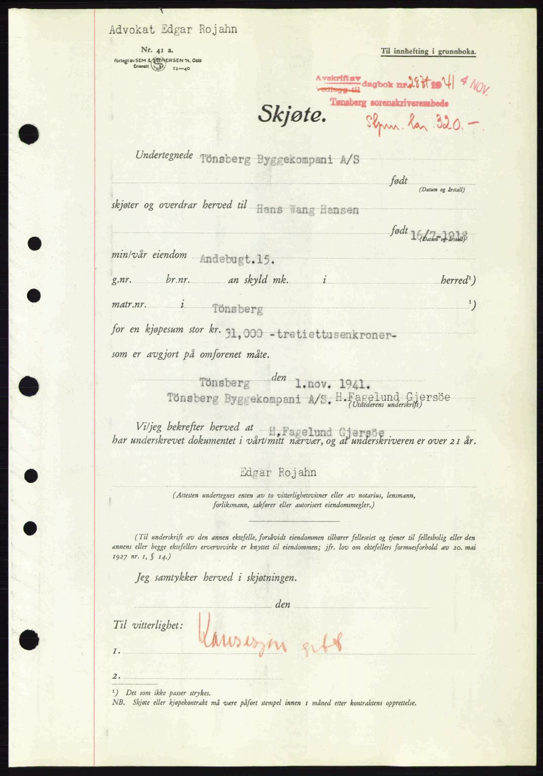 Tønsberg sorenskriveri, AV/SAKO-A-130/G/Ga/Gaa/L0010: Mortgage book no. A10, 1941-1941, Diary no: : 2871/1941