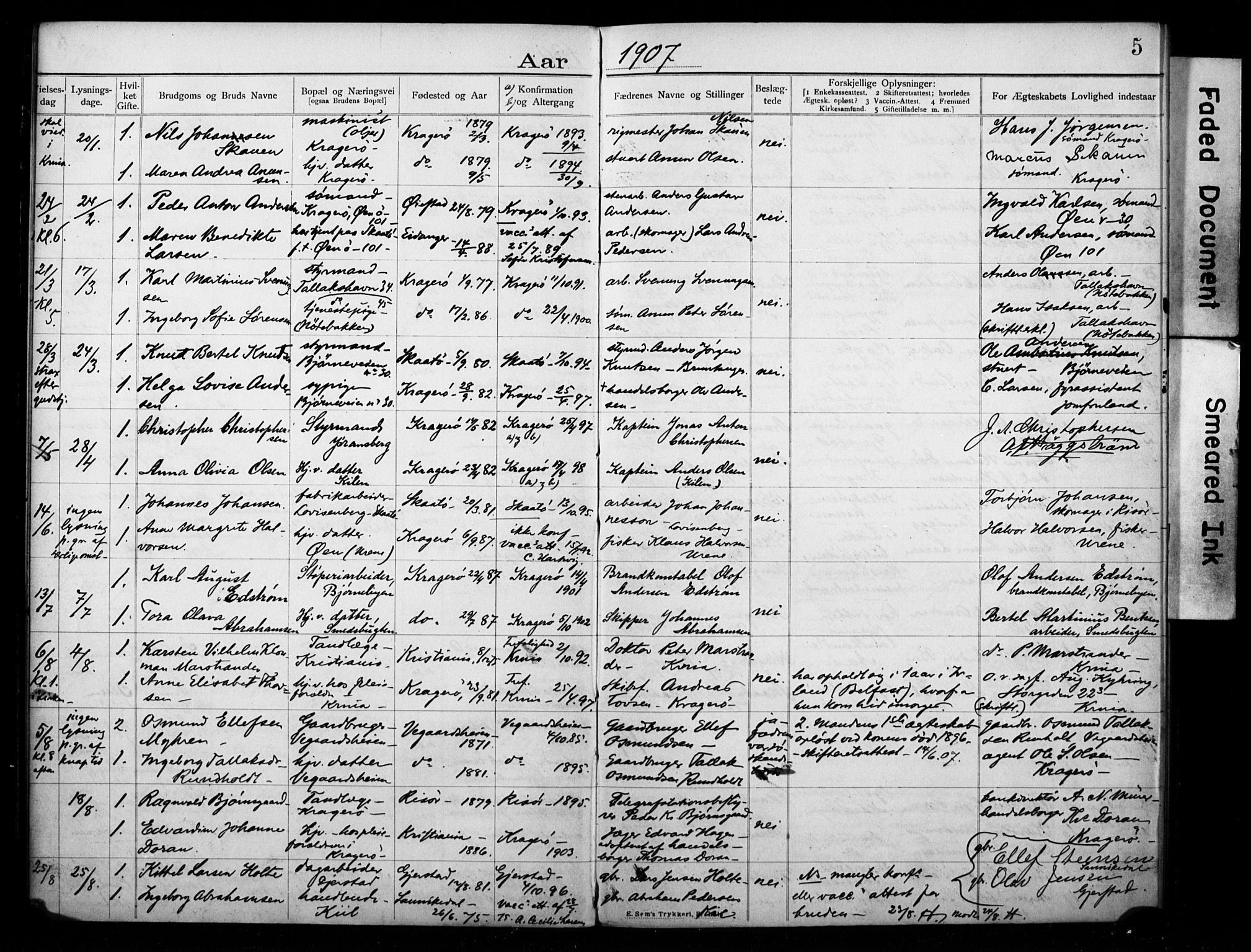 Kragerø kirkebøker, AV/SAKO-A-278/H/Ha/L0001: Banns register no. I 1, 1905-1918, p. 5
