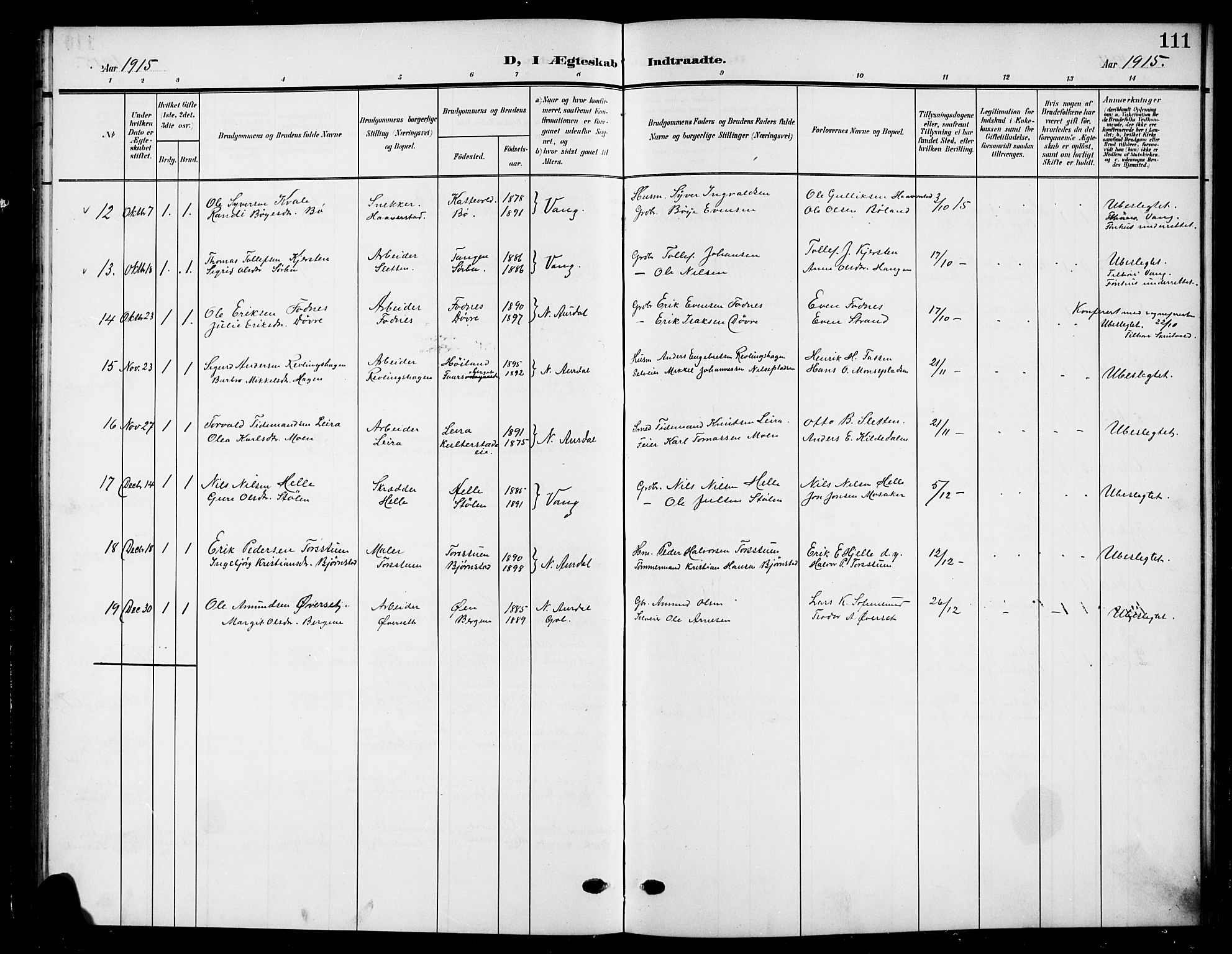 Nord-Aurdal prestekontor, SAH/PREST-132/H/Ha/Hab/L0012: Parish register (copy) no. 12, 1907-1920, p. 111