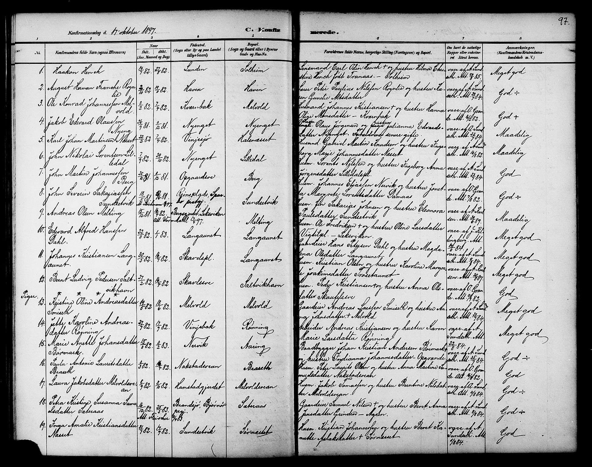 Ministerialprotokoller, klokkerbøker og fødselsregistre - Nord-Trøndelag, AV/SAT-A-1458/733/L0327: Parish register (copy) no. 733C02, 1888-1918, p. 97