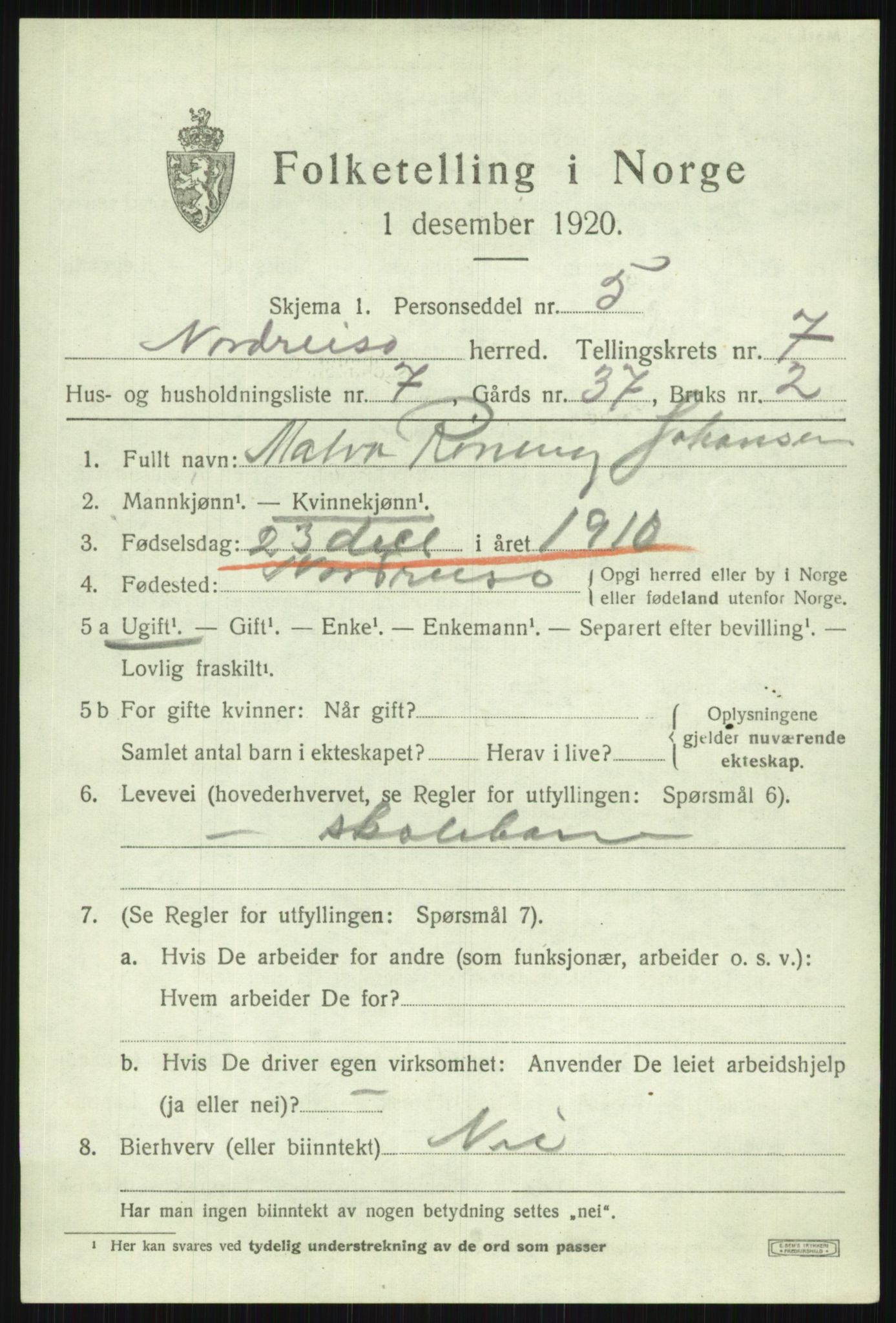 SATØ, 1920 census for Nordreisa, 1920, p. 3067