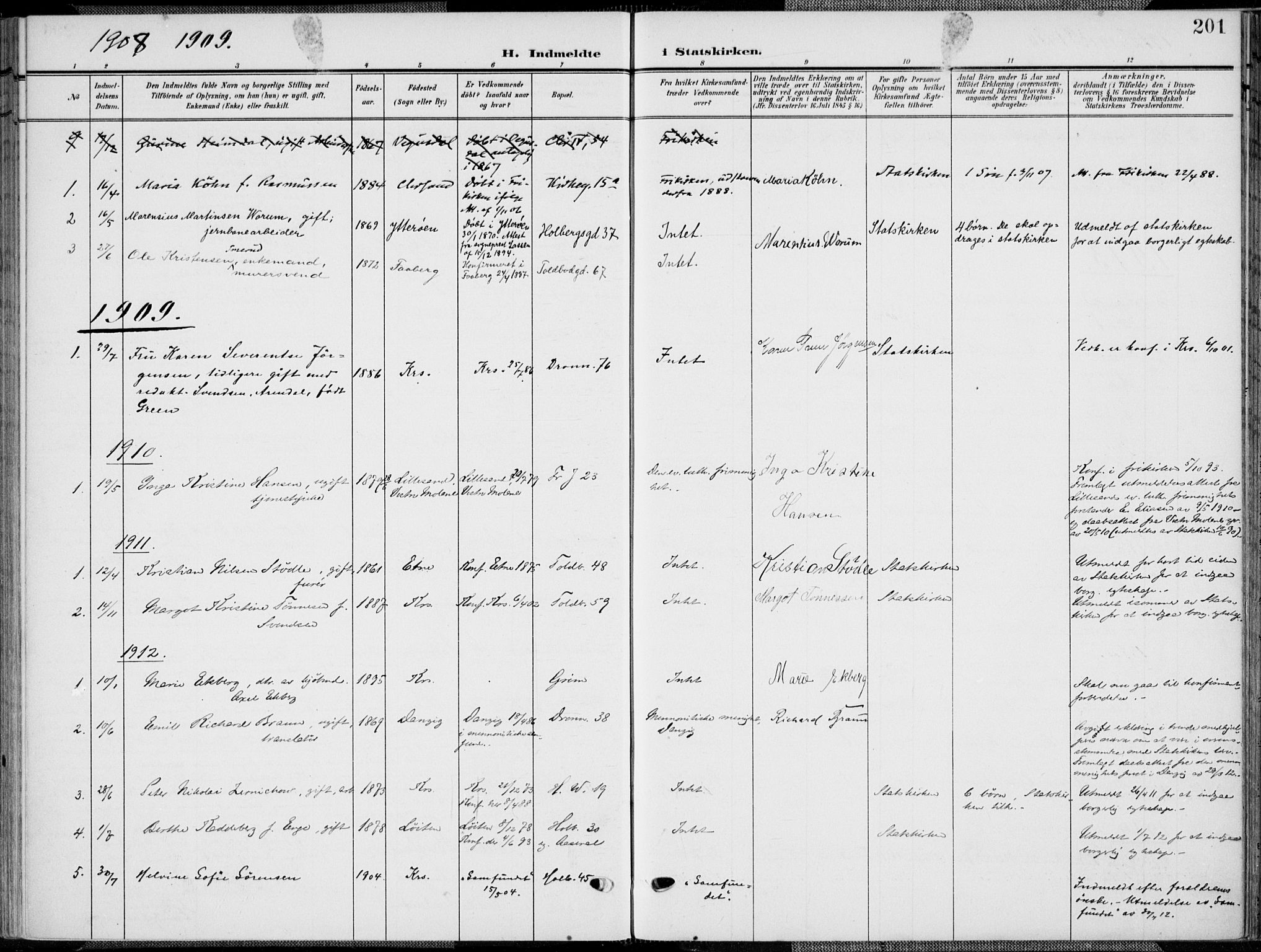 Kristiansand domprosti, SAK/1112-0006/F/Fa/L0022: Parish register (official) no. A 21, 1905-1916, p. 201