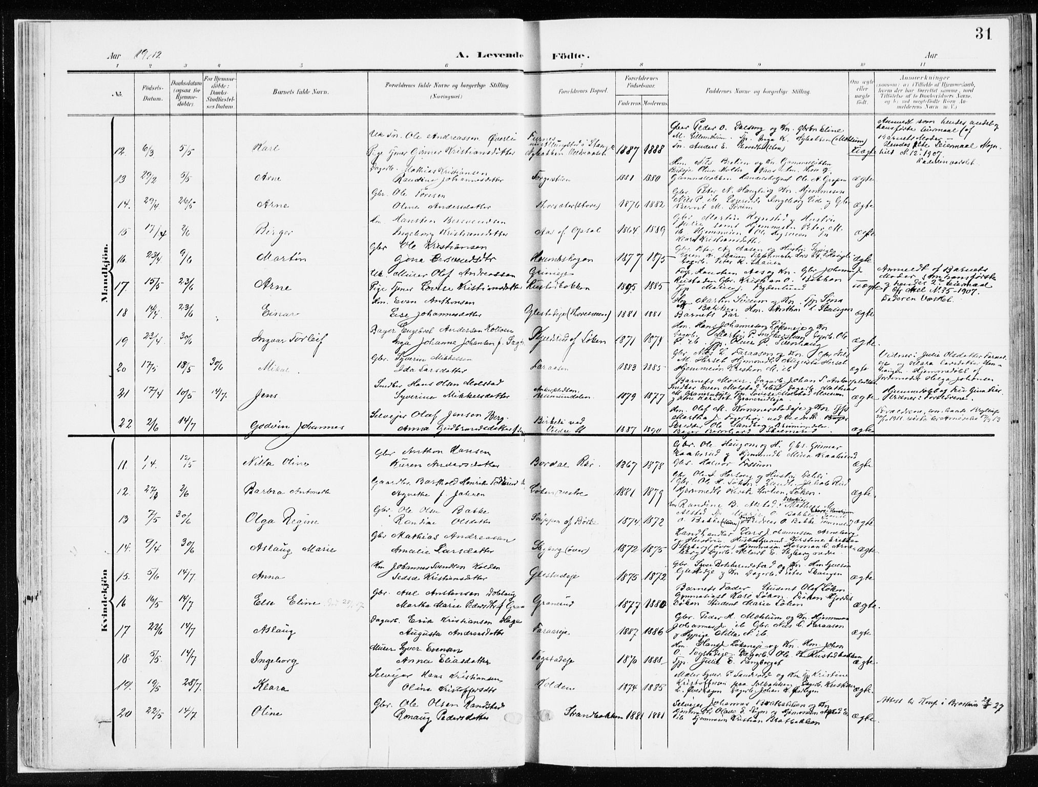Ringsaker prestekontor, SAH/PREST-014/K/Ka/L0019: Parish register (official) no. 19, 1905-1920, p. 31