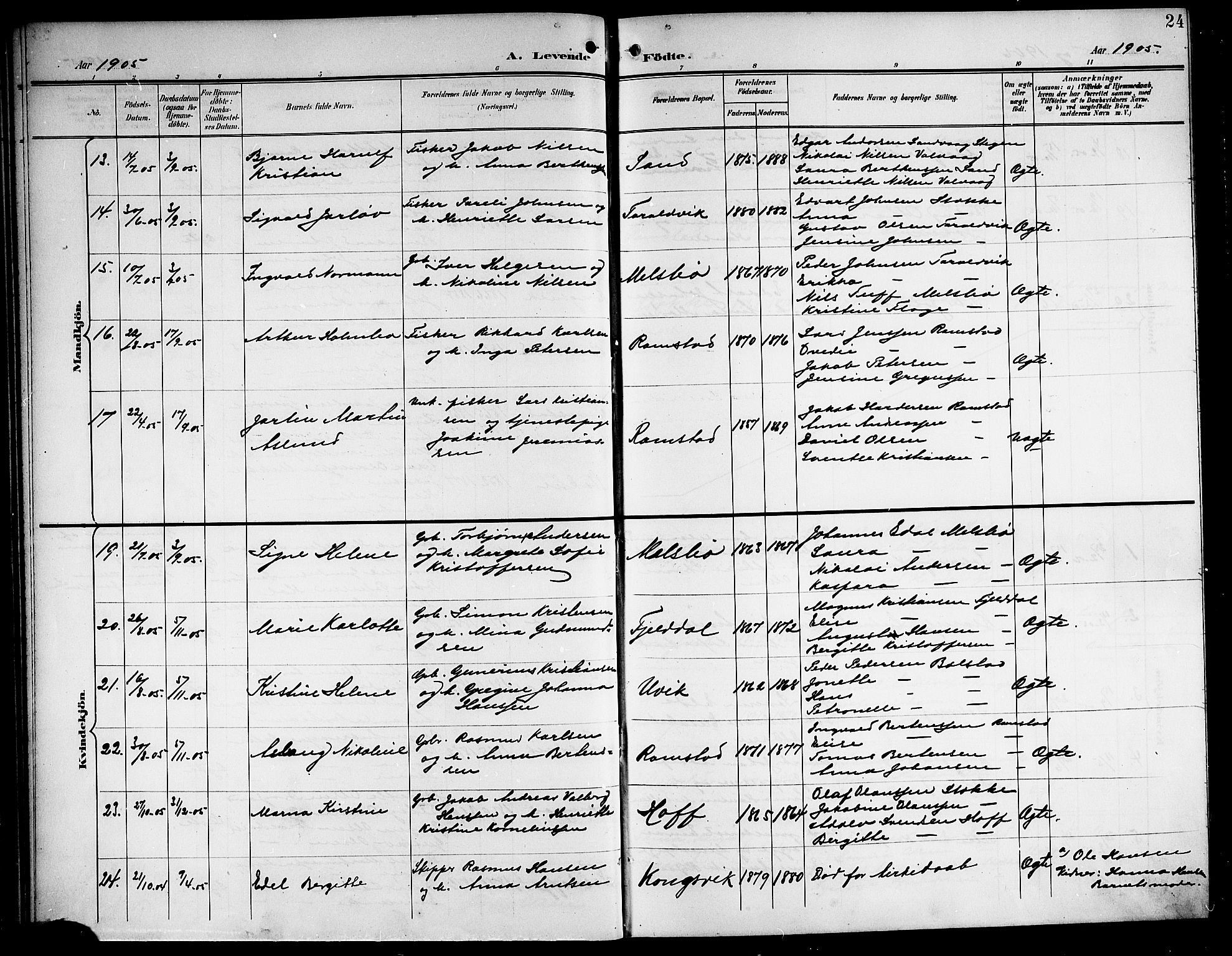 Ministerialprotokoller, klokkerbøker og fødselsregistre - Nordland, AV/SAT-A-1459/865/L0932: Parish register (copy) no. 865C04, 1901-1917, p. 24