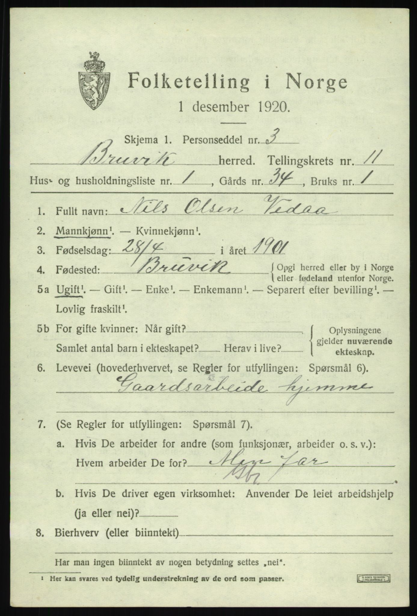 SAB, 1920 census for Bruvik, 1920, p. 7702