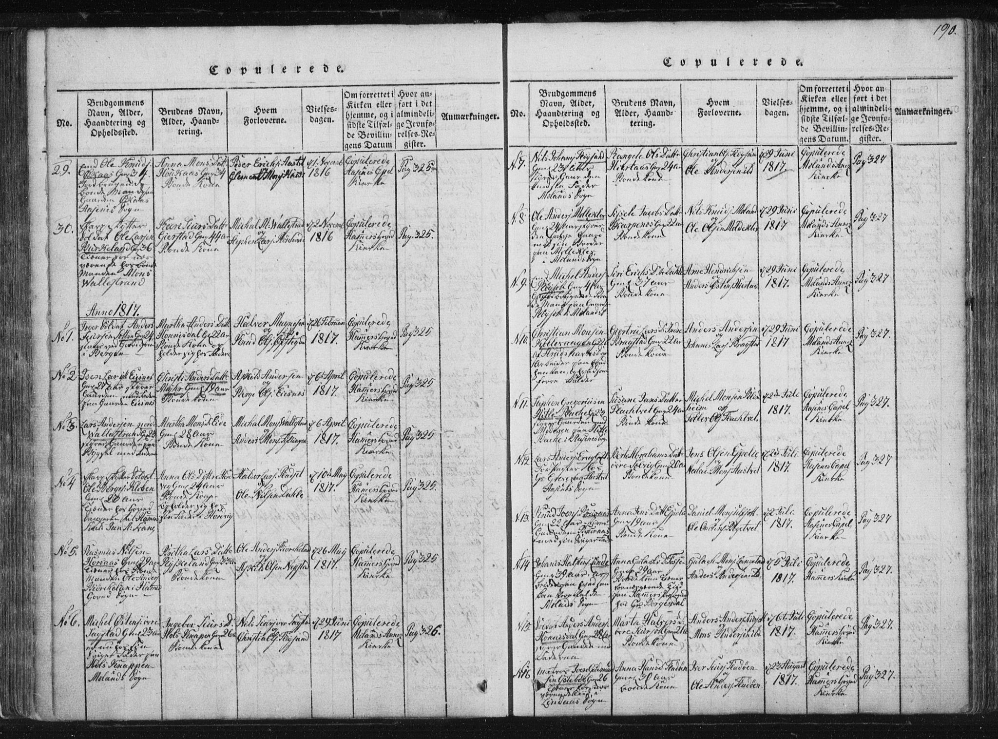 Hamre sokneprestembete, AV/SAB-A-75501/H/Ha/Haa/Haaa/L0010: Parish register (official) no. A 10, 1816-1826, p. 190