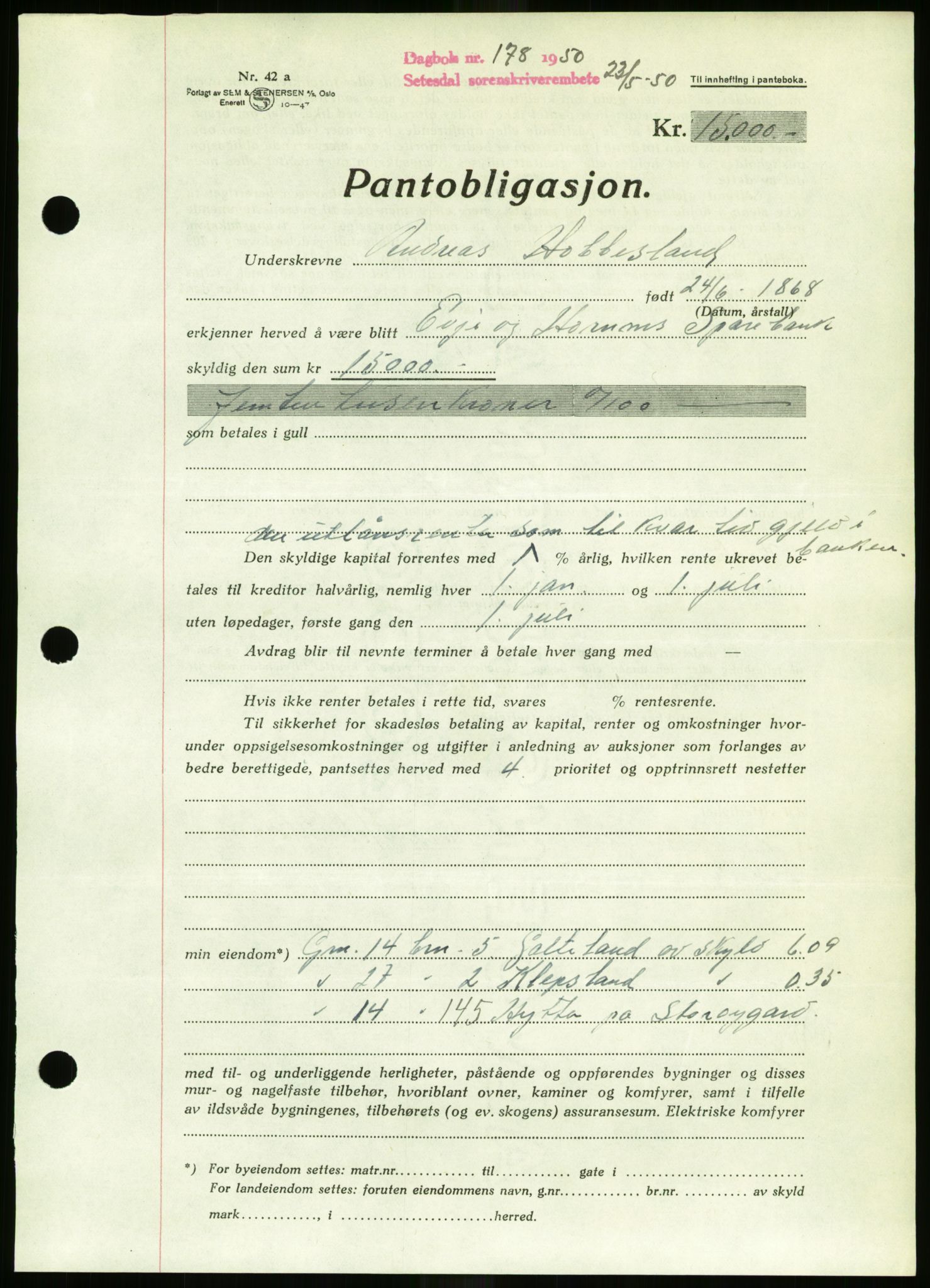 Setesdal sorenskriveri, SAK/1221-0011/G/Gb/L0050: Mortgage book no. B 38, 1949-1952, Diary no: : 178/1950