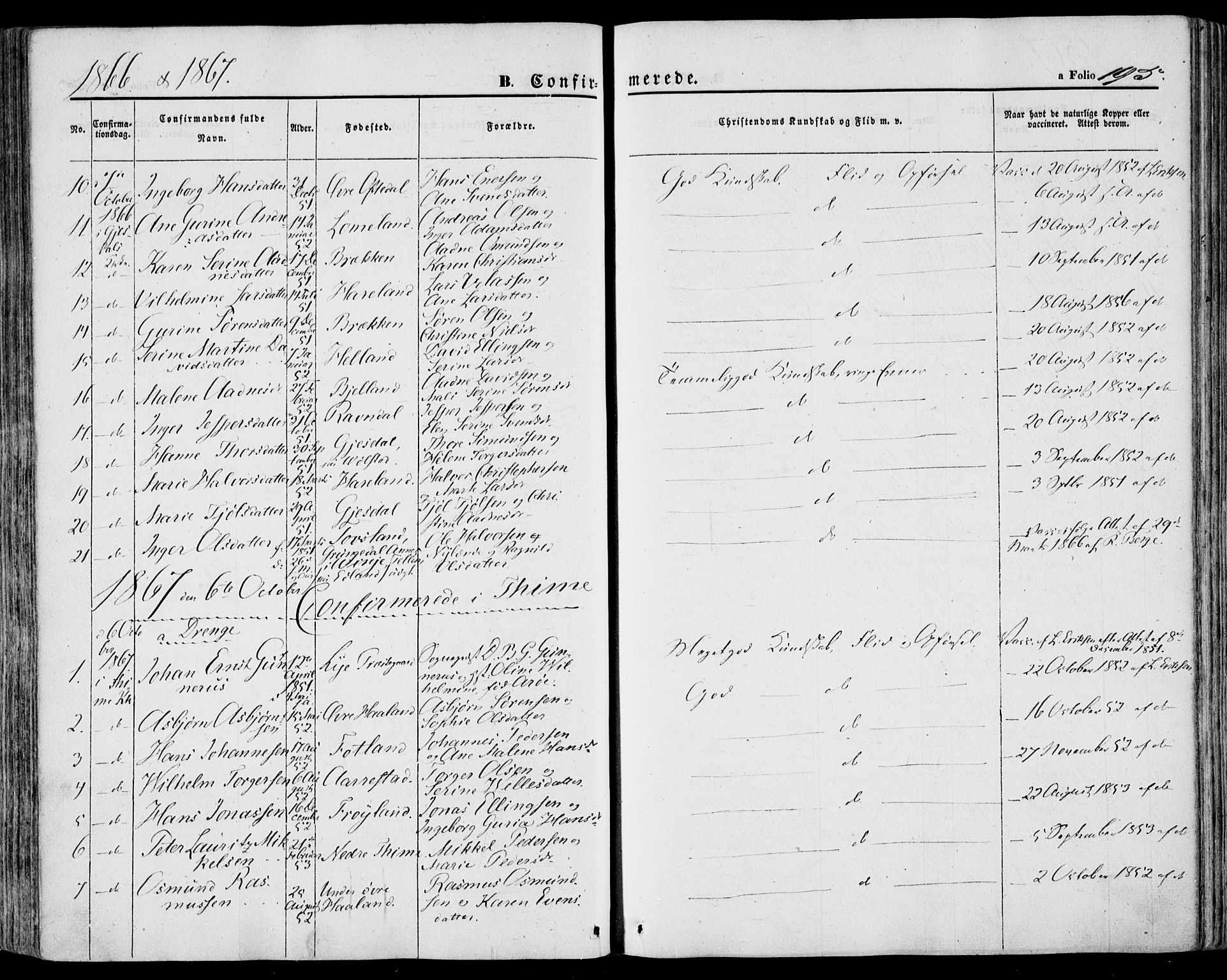 Lye sokneprestkontor, SAST/A-101794/001/30BA/L0007: Parish register (official) no. A 6, 1856-1871, p. 195