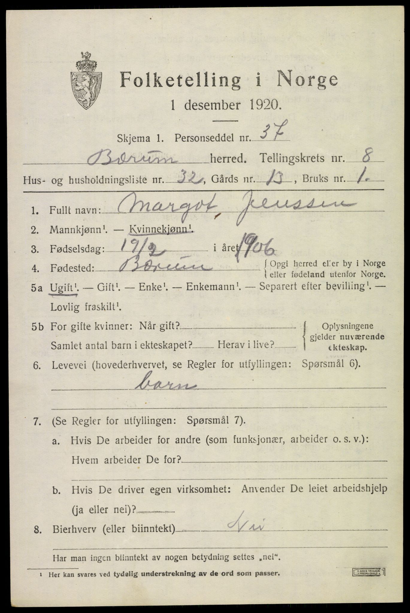 SAO, 1920 census for Bærum, 1920, p. 18920