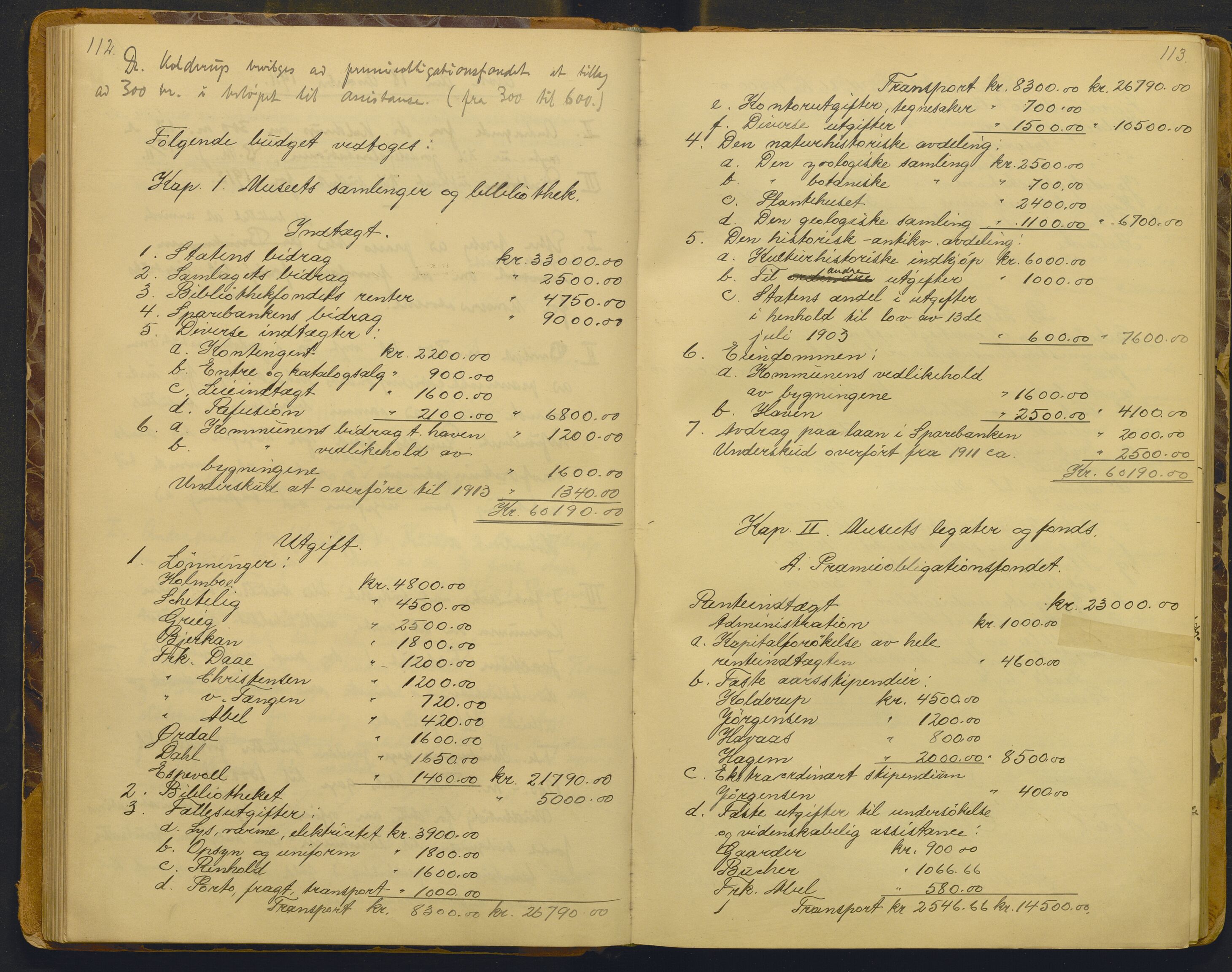 Bergens Museum, AV/SAB-A-17301/02/A/L0008: Forhandlingsprotokoll med register , 1906-1927, p. 112-113