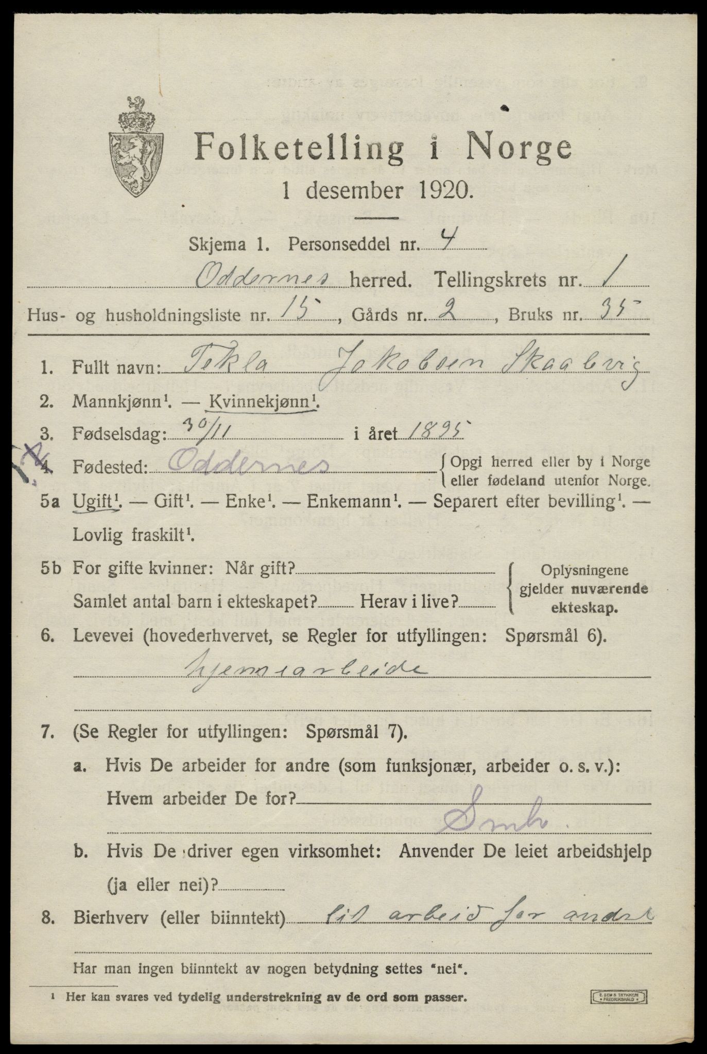 SAK, 1920 census for Oddernes, 1920, p. 2195