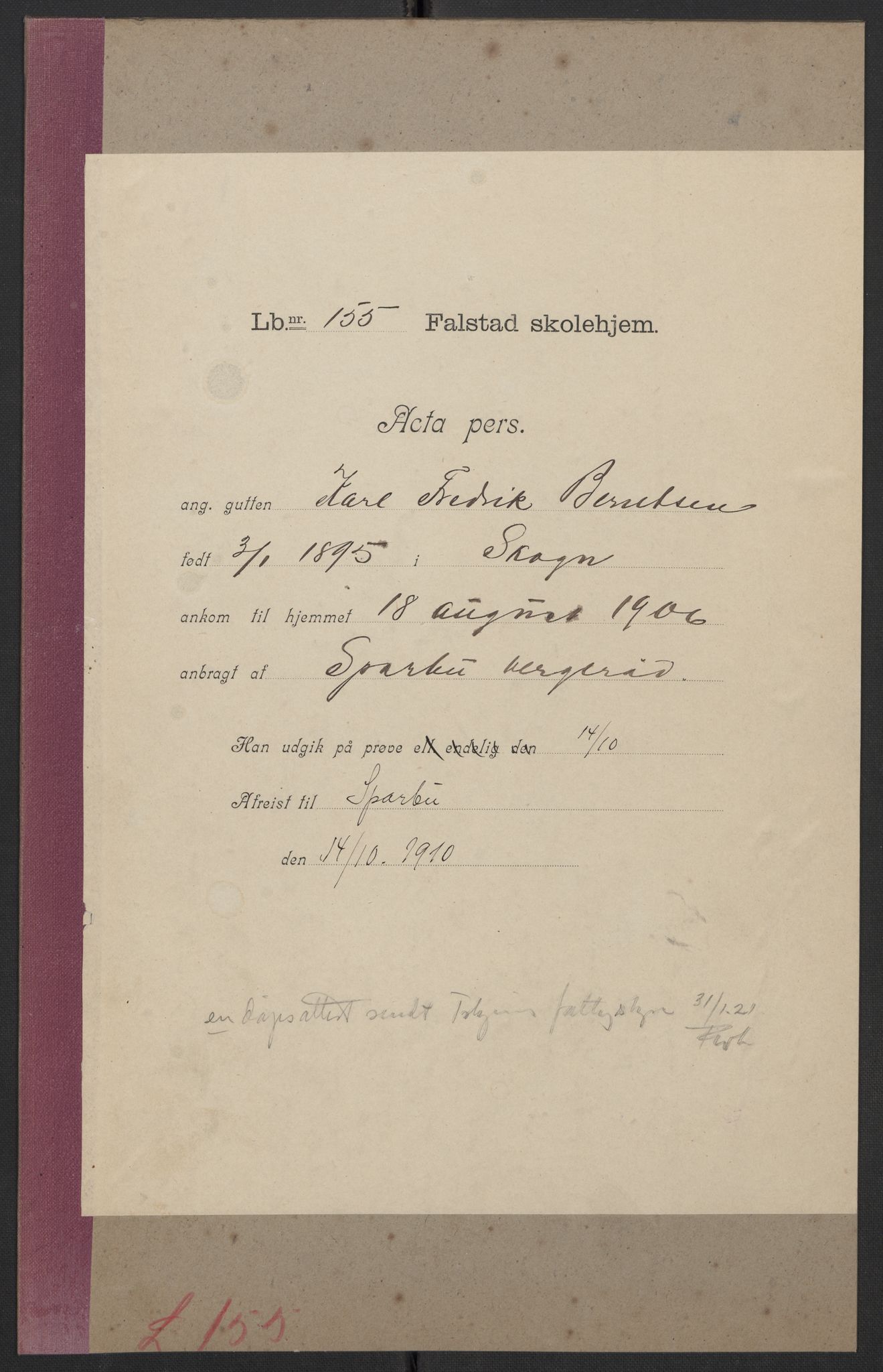 Falstad skolehjem, RA/S-1676/E/Eb/L0007: Elevmapper løpenr. 146-168, 1905-1911, p. 131