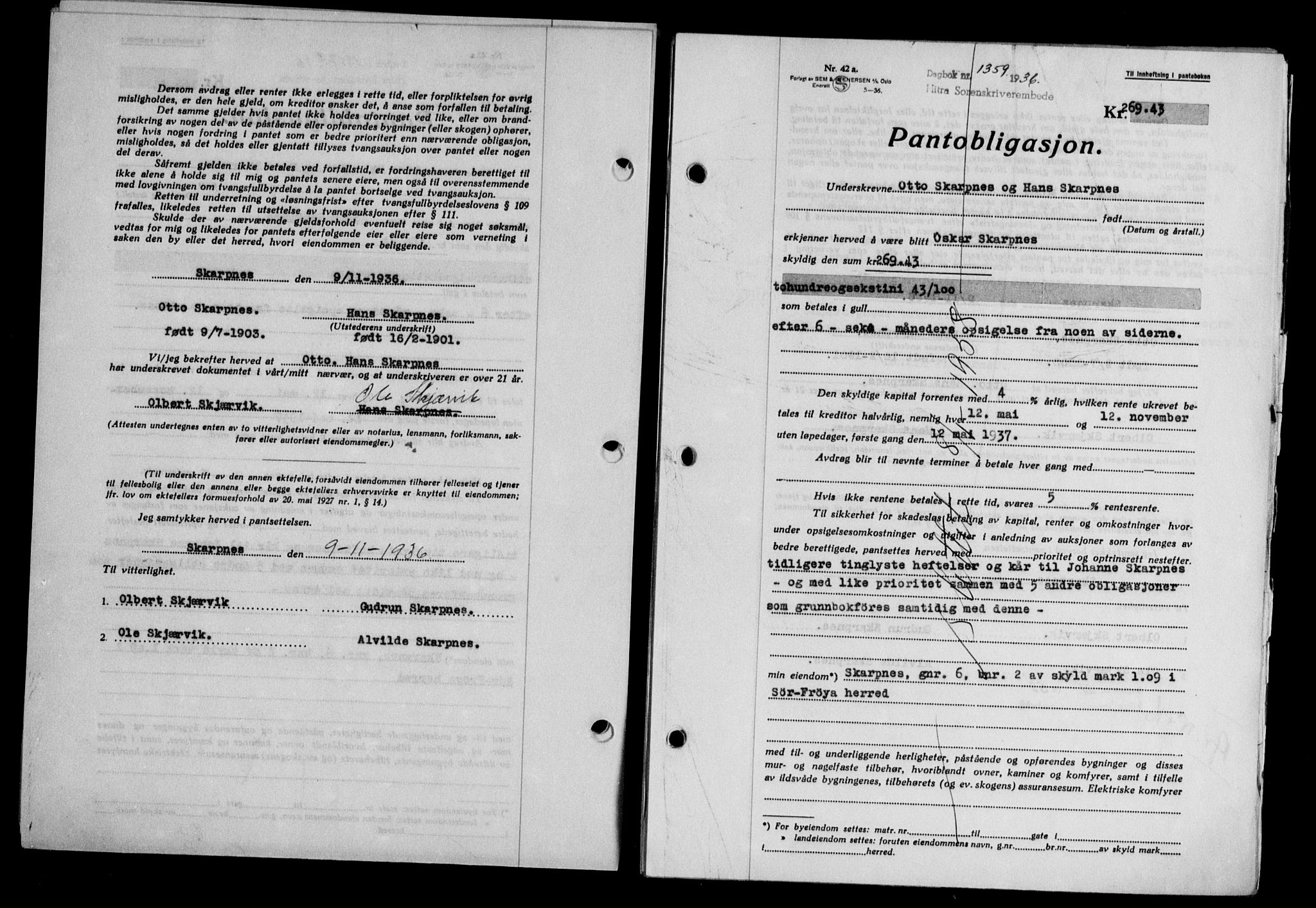 Hitra sorenskriveri, AV/SAT-A-0018/2/2C/2Ca/L0028: Mortgage book no. B-1, 1936-1939, Diary no: : 1359/1936