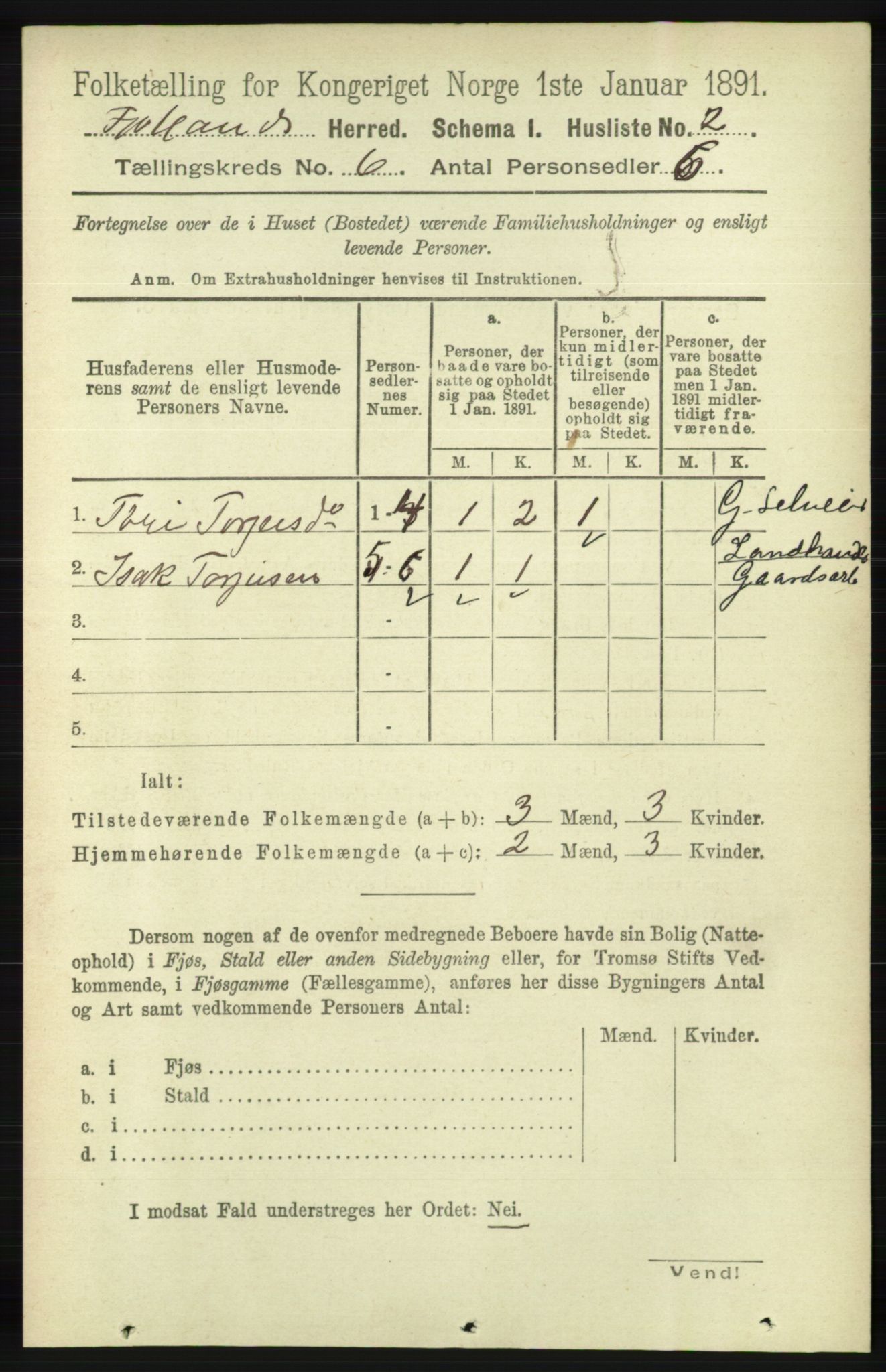 RA, 1891 census for 1036 Fjotland, 1891, p. 838