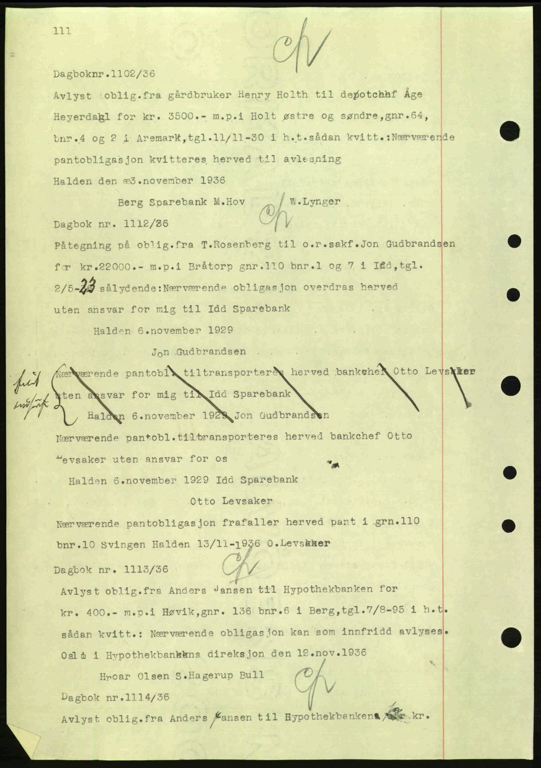 Idd og Marker sorenskriveri, AV/SAO-A-10283/G/Gb/Gbc/L0001: Mortgage book no. B1-3, 1936-1939, Diary no: : 1102/1936