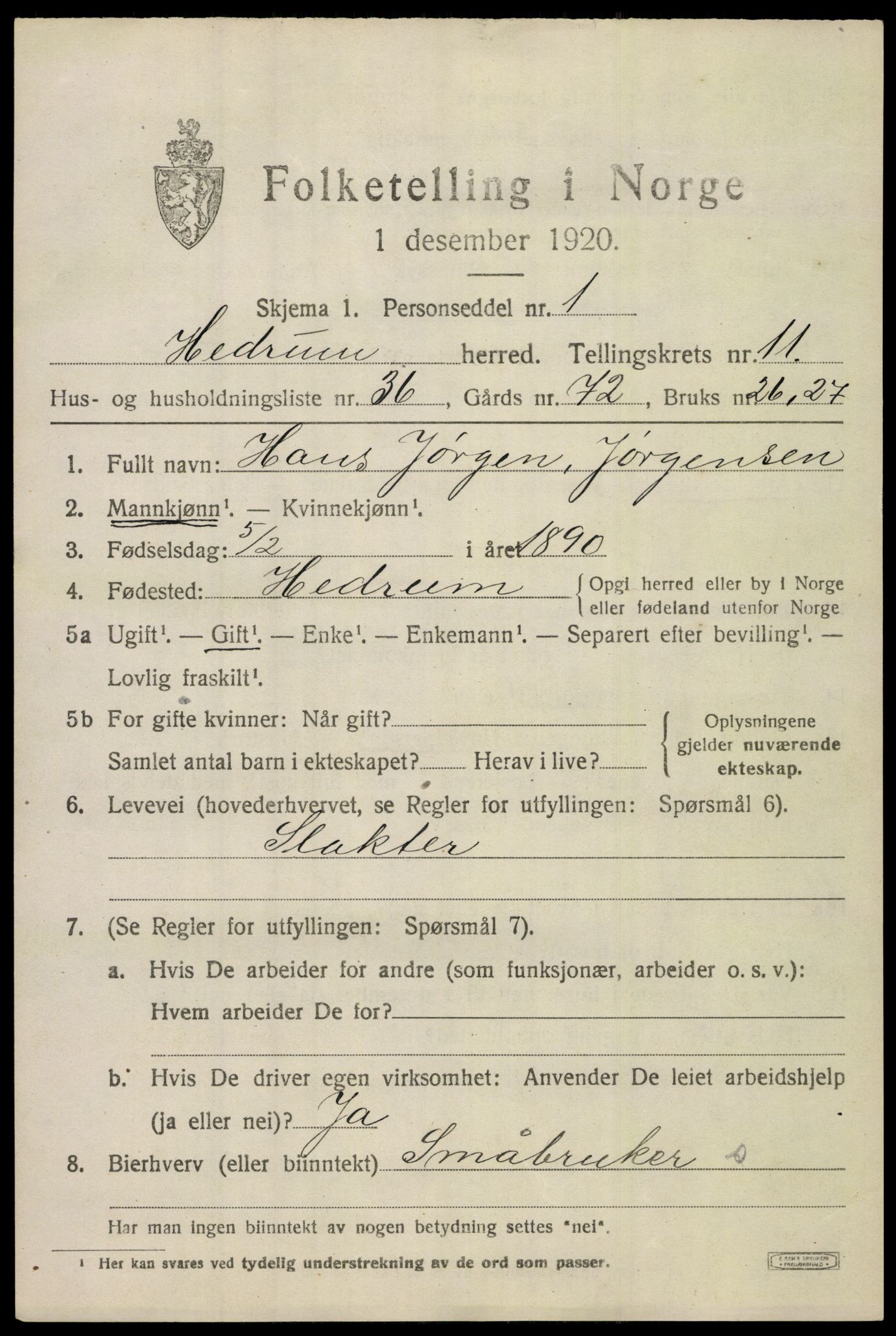 SAKO, 1920 census for Hedrum, 1920, p. 7935