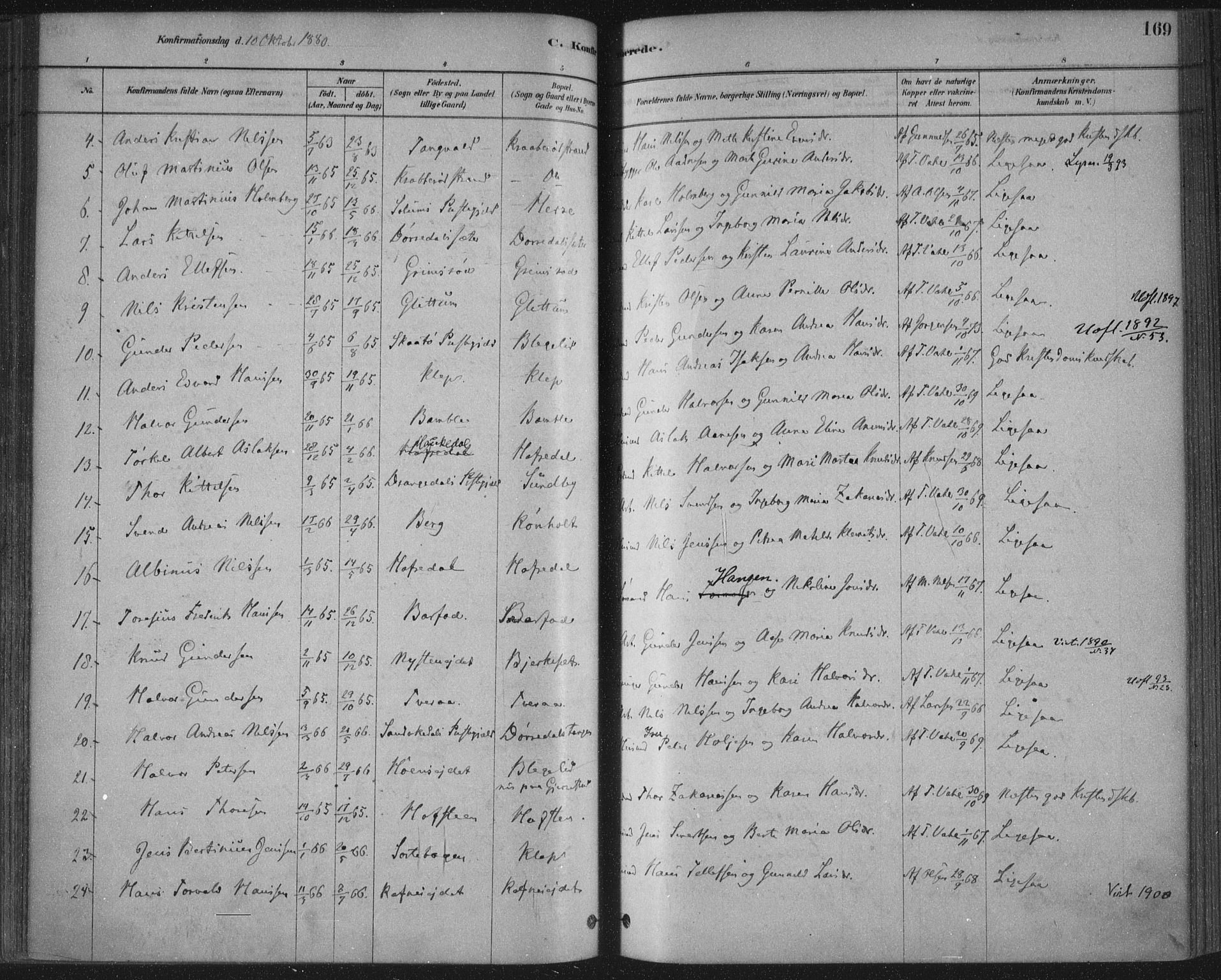 Bamble kirkebøker, AV/SAKO-A-253/F/Fa/L0007: Parish register (official) no. I 7, 1878-1888, p. 169