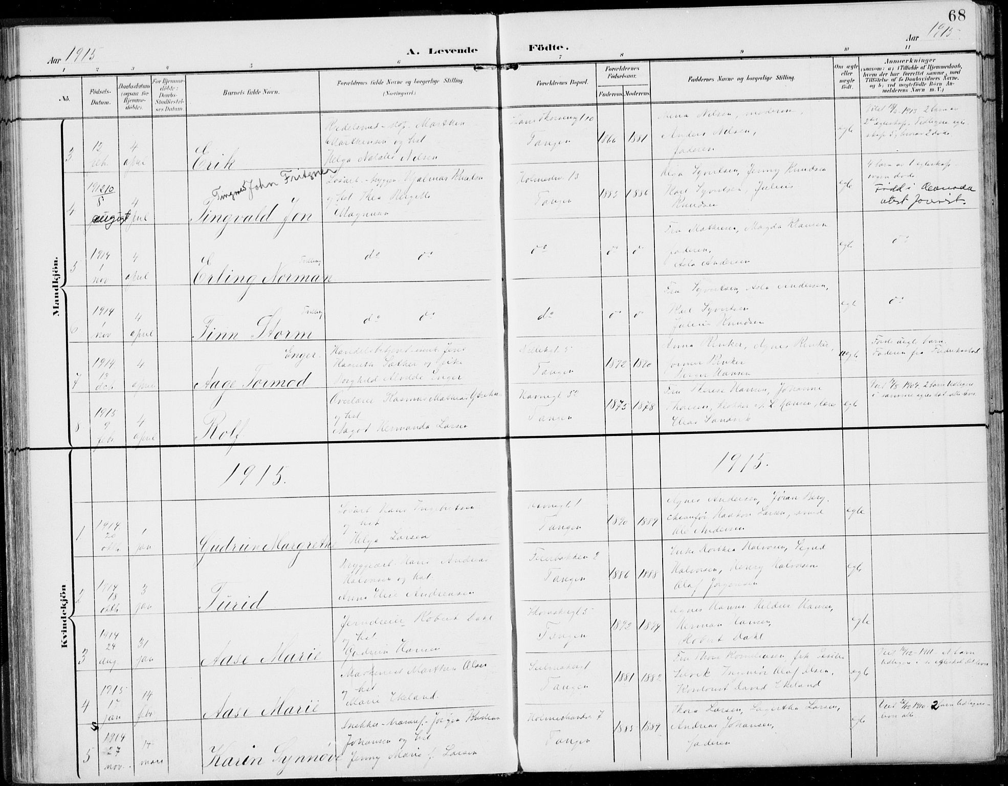 Strømsø kirkebøker, AV/SAKO-A-246/F/Fb/L0008: Parish register (official) no. II 8, 1902-1933, p. 68