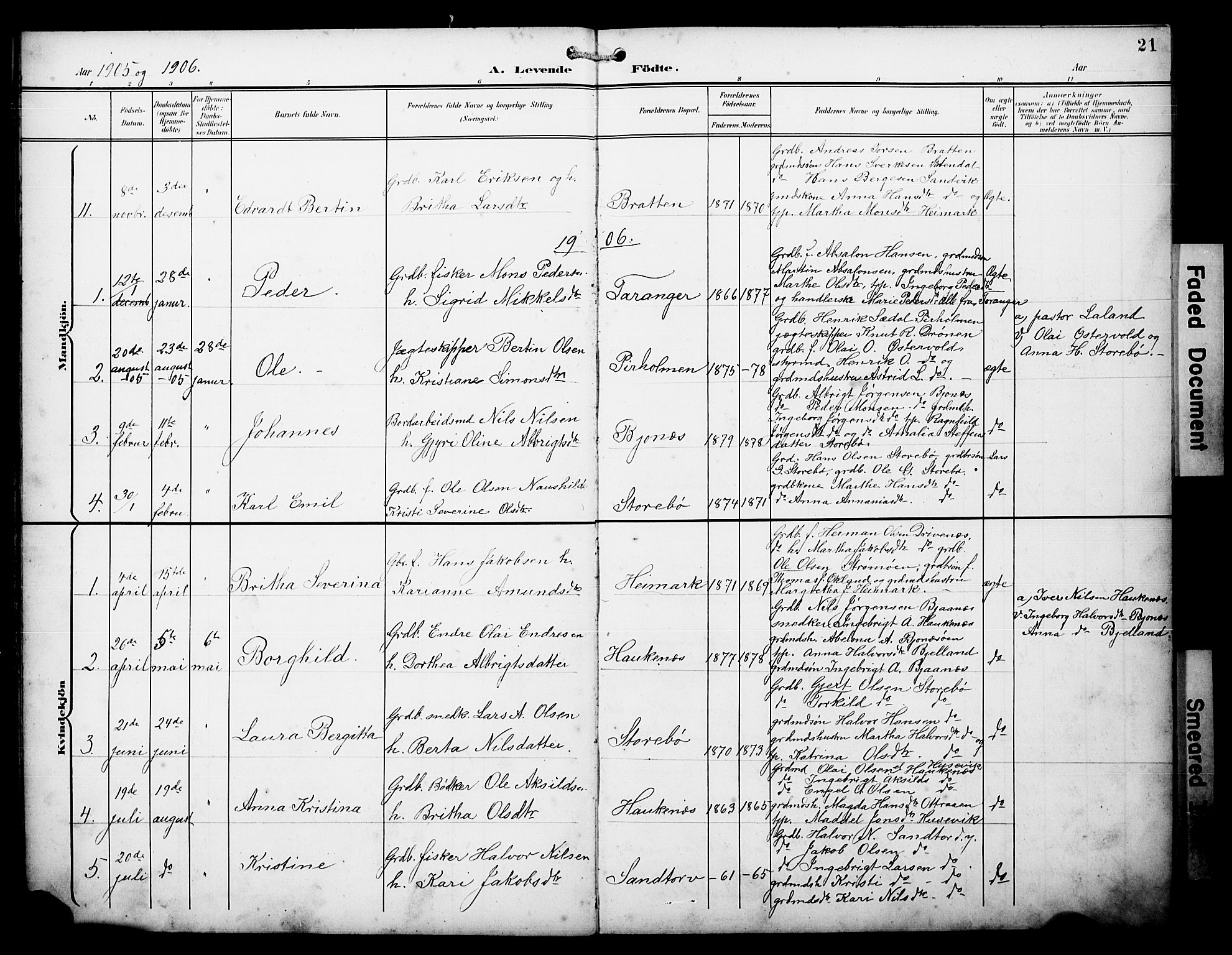 Austevoll Sokneprestembete, SAB/A-74201/H/Hab: Parish register (copy) no. A 4, 1901-1912, p. 21
