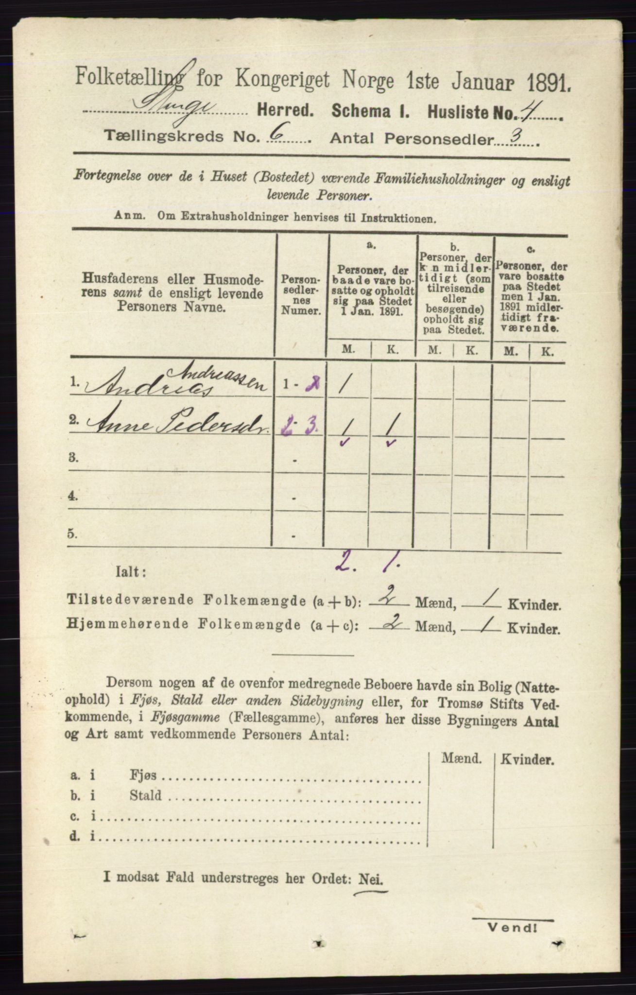 RA, 1891 census for 0417 Stange, 1891, p. 3826