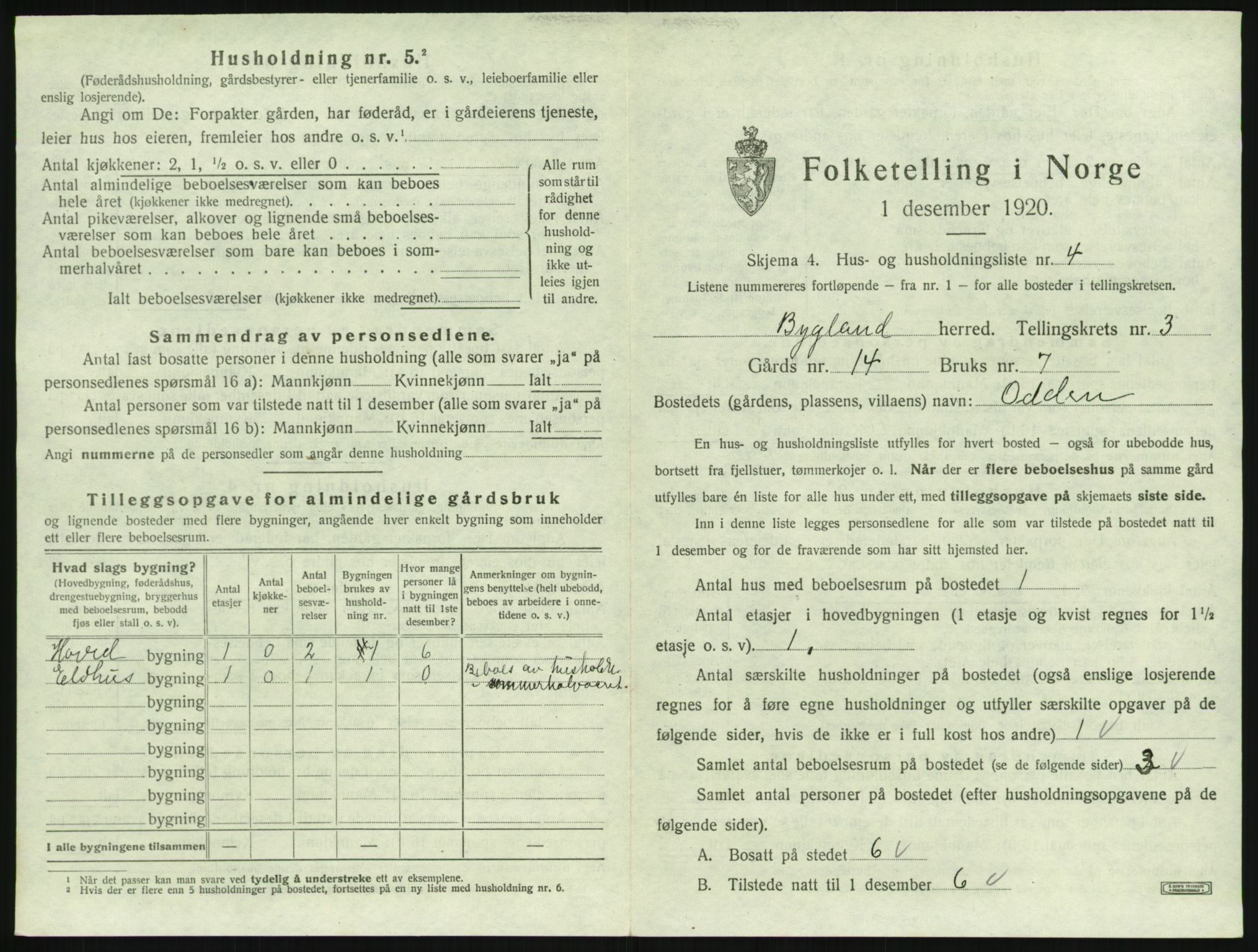 SAK, 1920 census for Bygland, 1920, p. 173