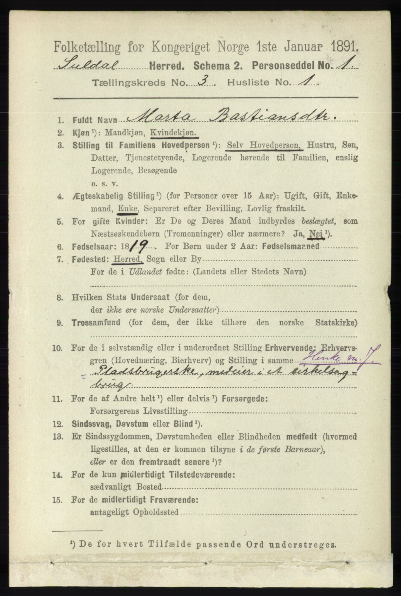 RA, 1891 census for 1134 Suldal, 1891, p. 613