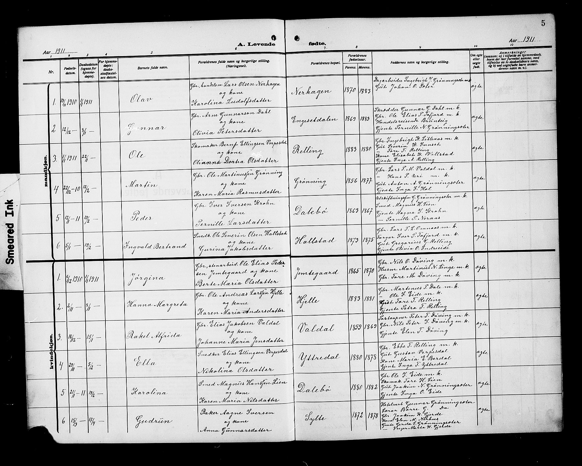 Ministerialprotokoller, klokkerbøker og fødselsregistre - Møre og Romsdal, SAT/A-1454/519/L0265: Parish register (copy) no. 519C06, 1911-1921, p. 5