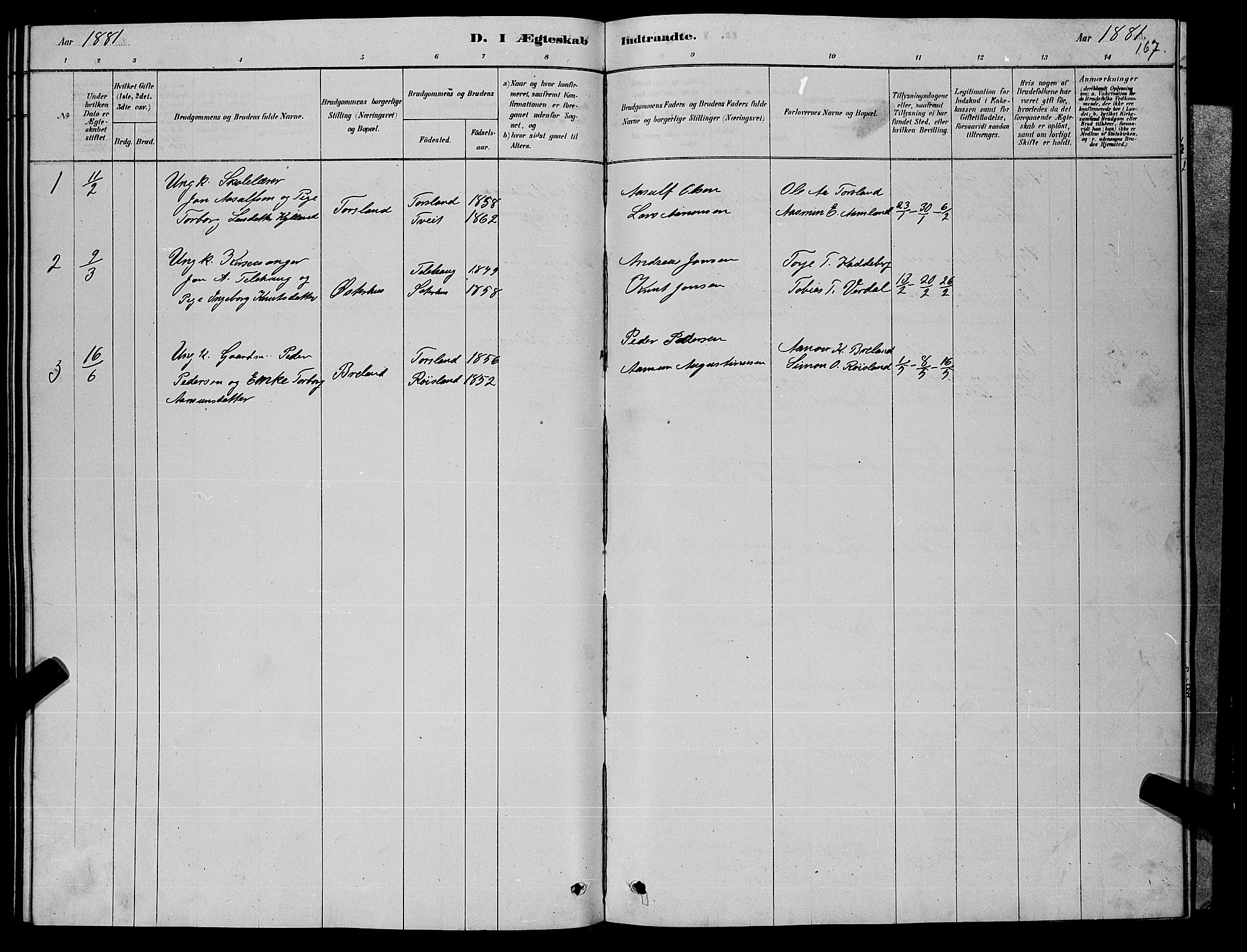 Åseral sokneprestkontor, AV/SAK-1111-0051/F/Fb/L0002: Parish register (copy) no. B 2, 1878-1899, p. 167