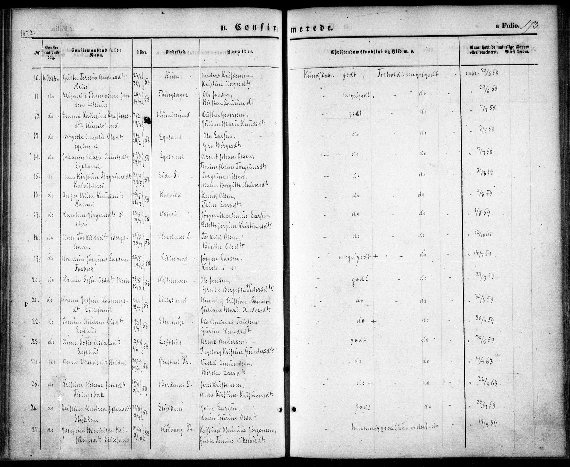 Vestre Moland sokneprestkontor, AV/SAK-1111-0046/F/Fa/Fab/L0007: Parish register (official) no. A 7, 1859-1872, p. 173