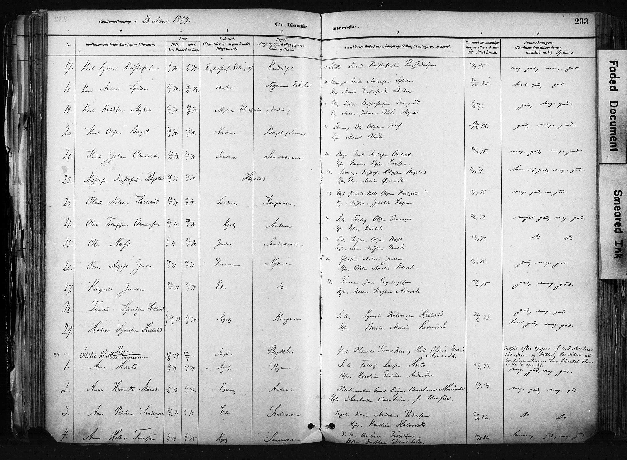 Kongsberg kirkebøker, AV/SAKO-A-22/F/Fb/L0002: Parish register (official) no. II 2, 1886-1896, p. 233