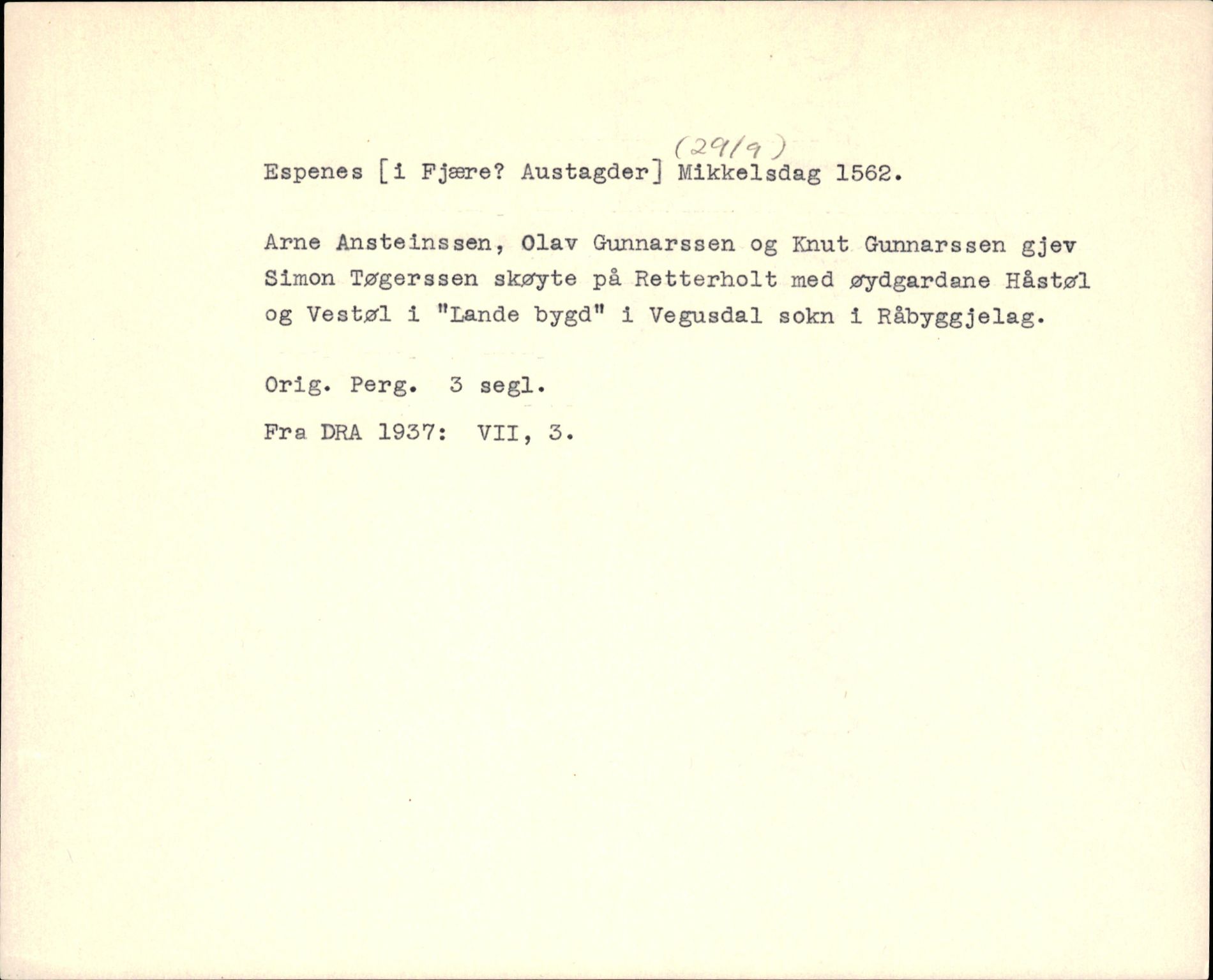Riksarkivets diplomsamling, AV/RA-EA-5965/F35/F35f/L0002: Regestsedler: Diplomer fra DRA 1937 og 1996, p. 375