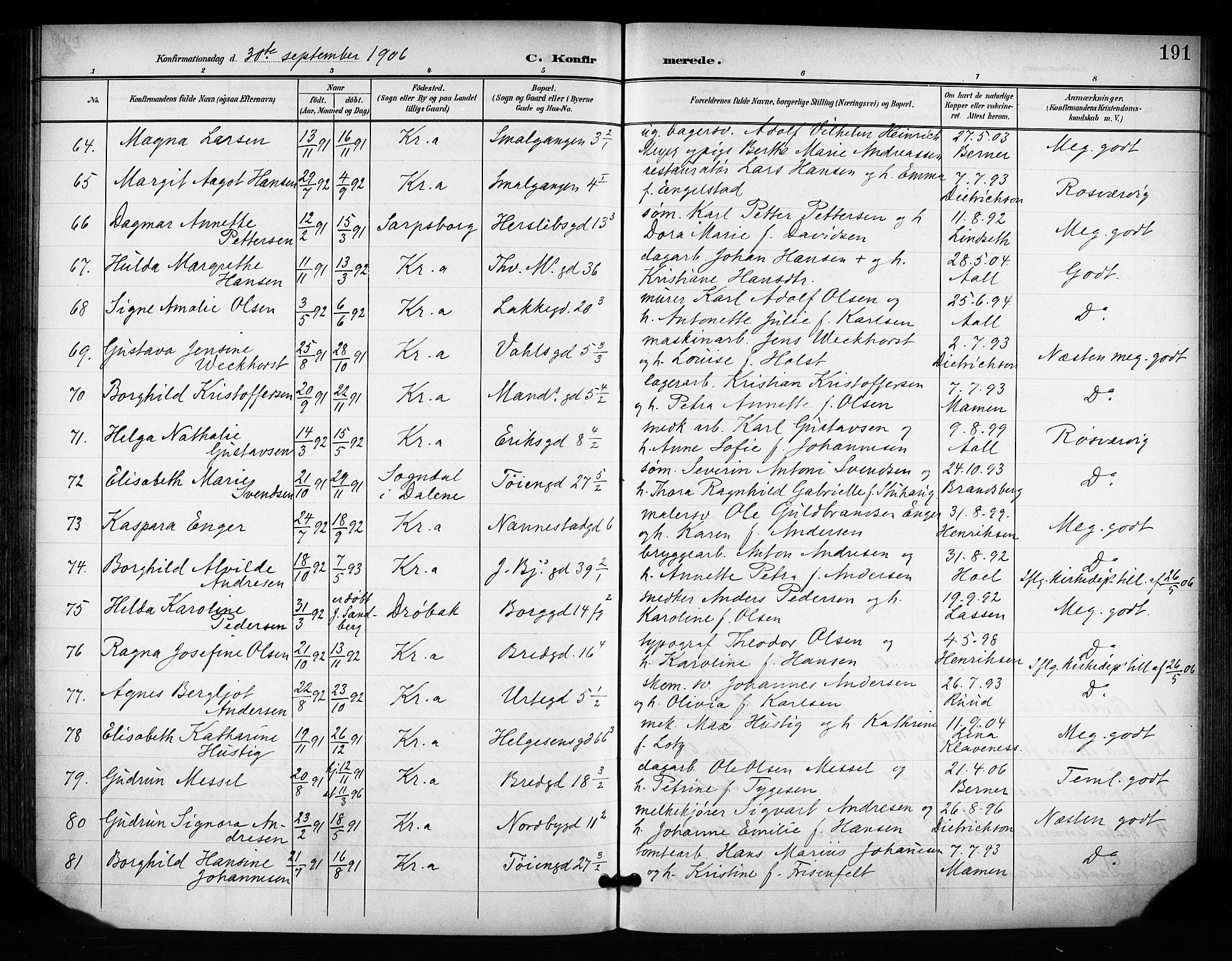 Grønland prestekontor Kirkebøker, SAO/A-10848/F/Fa/L0015: Parish register (official) no. 15, 1899-1919, p. 191