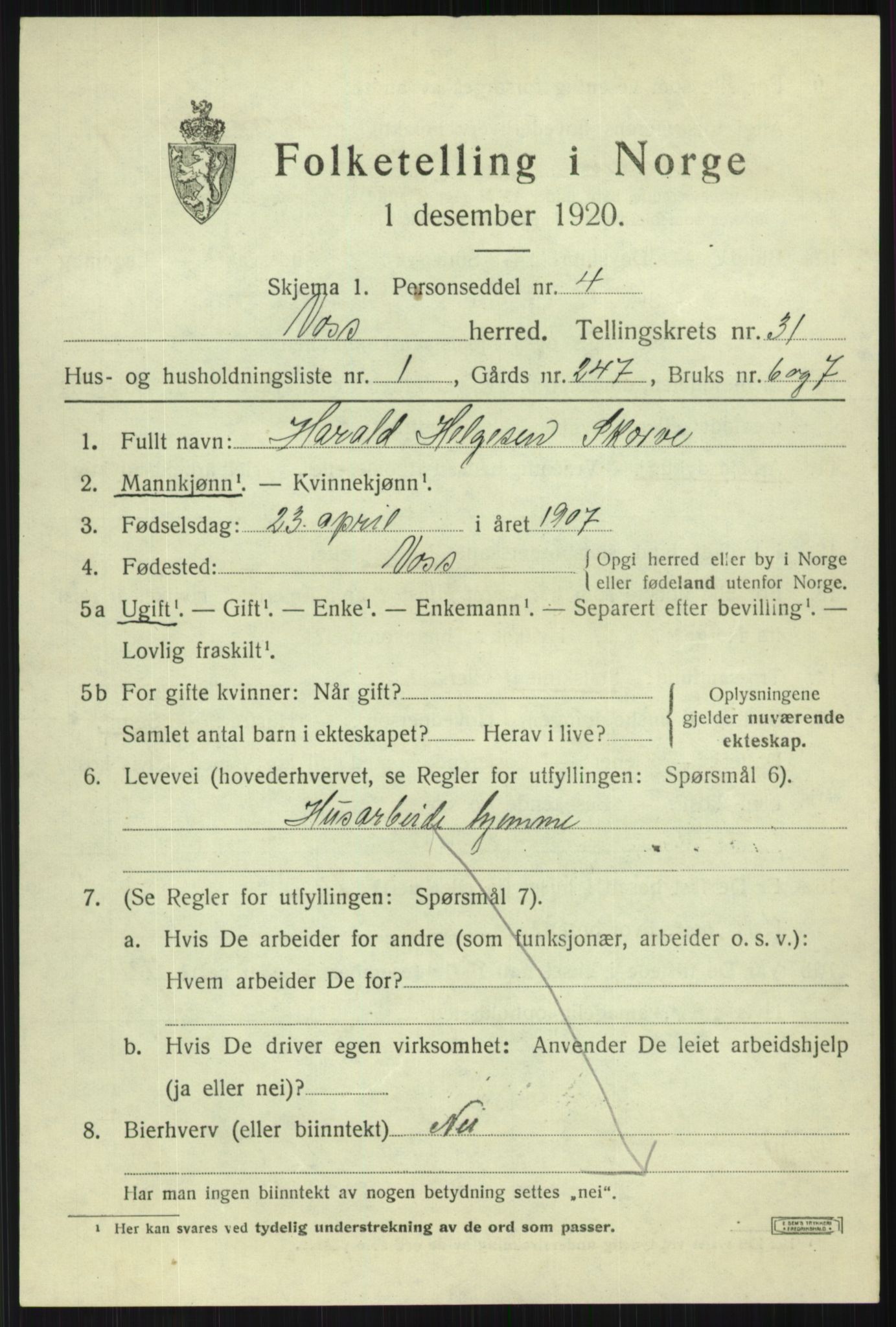 SAB, 1920 census for Voss, 1920, p. 19925