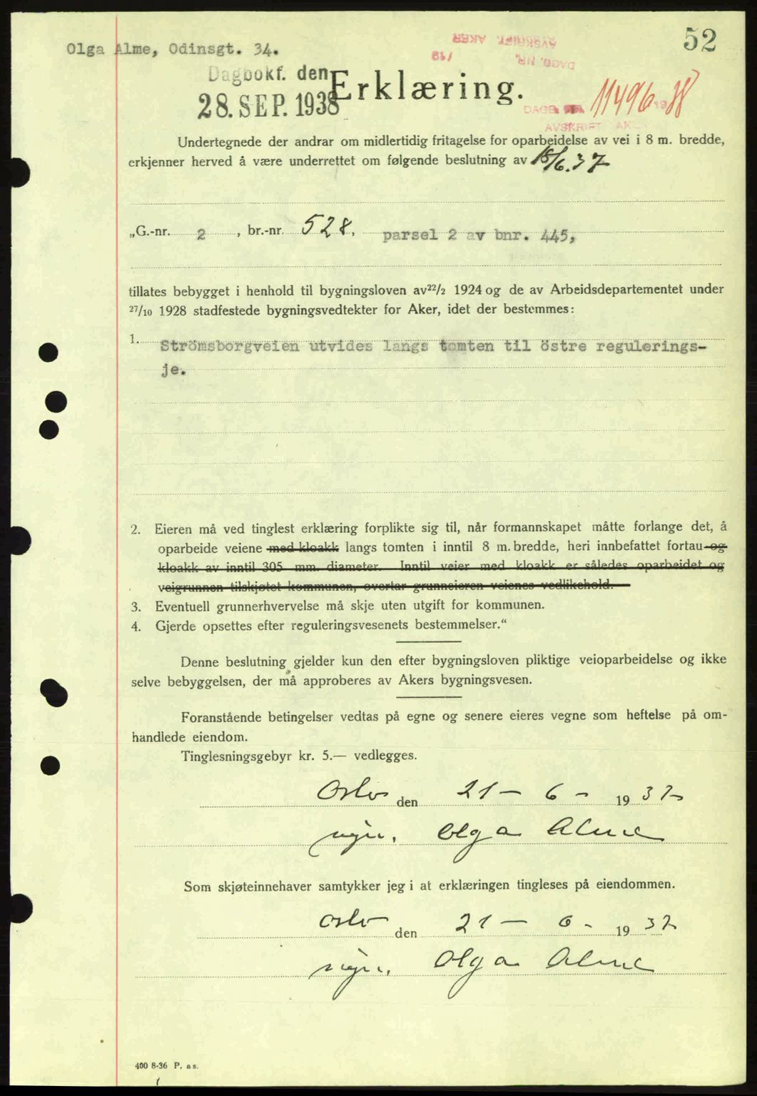 Aker herredsskriveri, SAO/A-10896/G/Gb/Gba/Gbab/L0025: Mortgage book no. A154-155, 1938-1938, Diary no: : 11496/1938