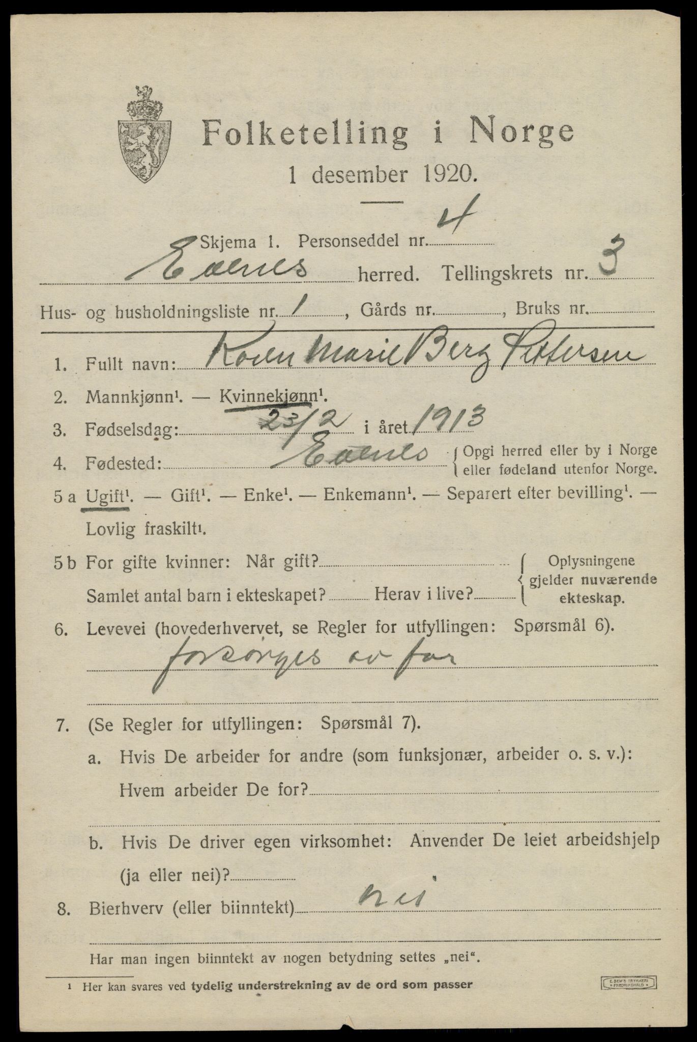 SAT, 1920 census for Evenes, 1920, p. 2958