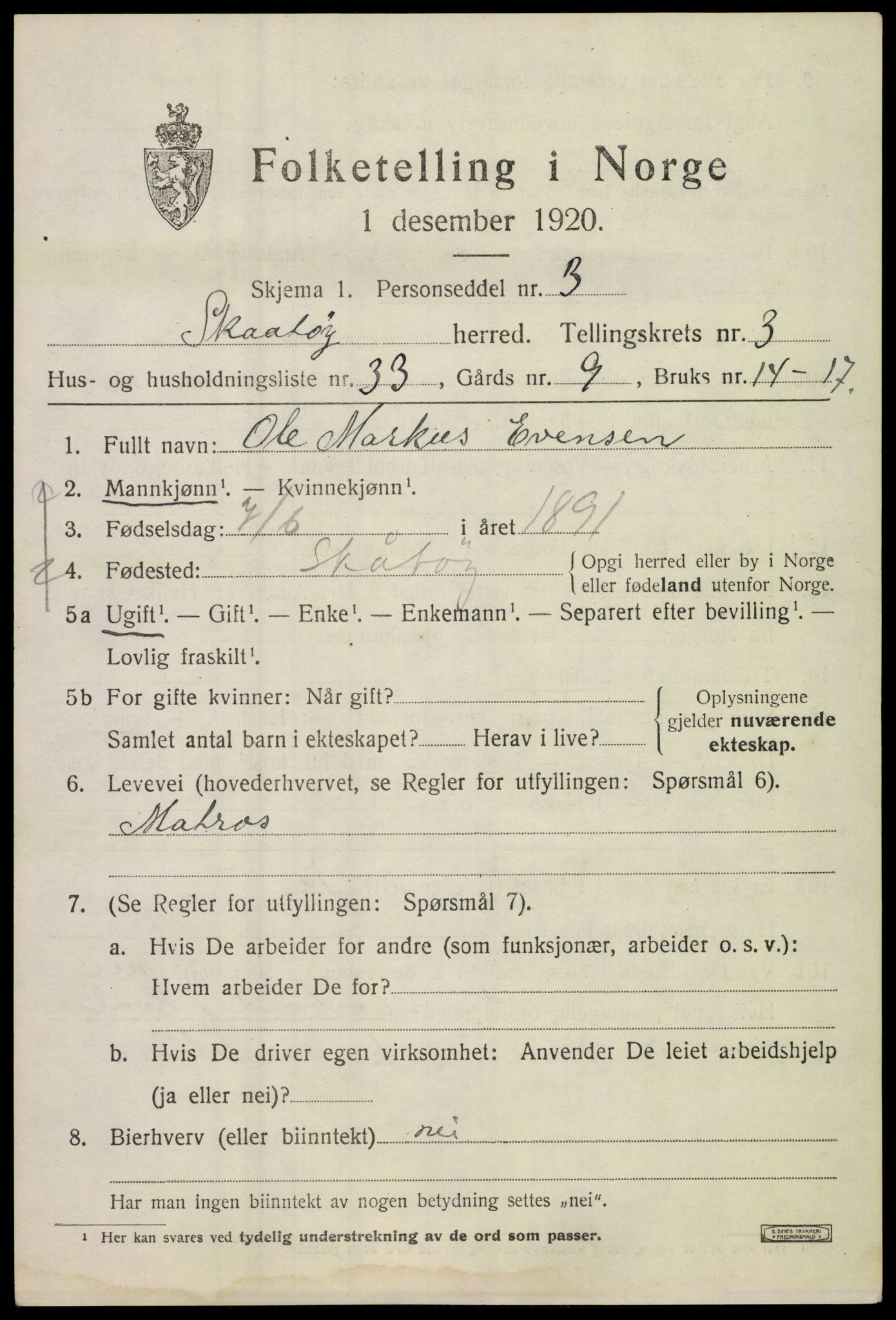 SAKO, 1920 census for Skåtøy, 1920, p. 3066