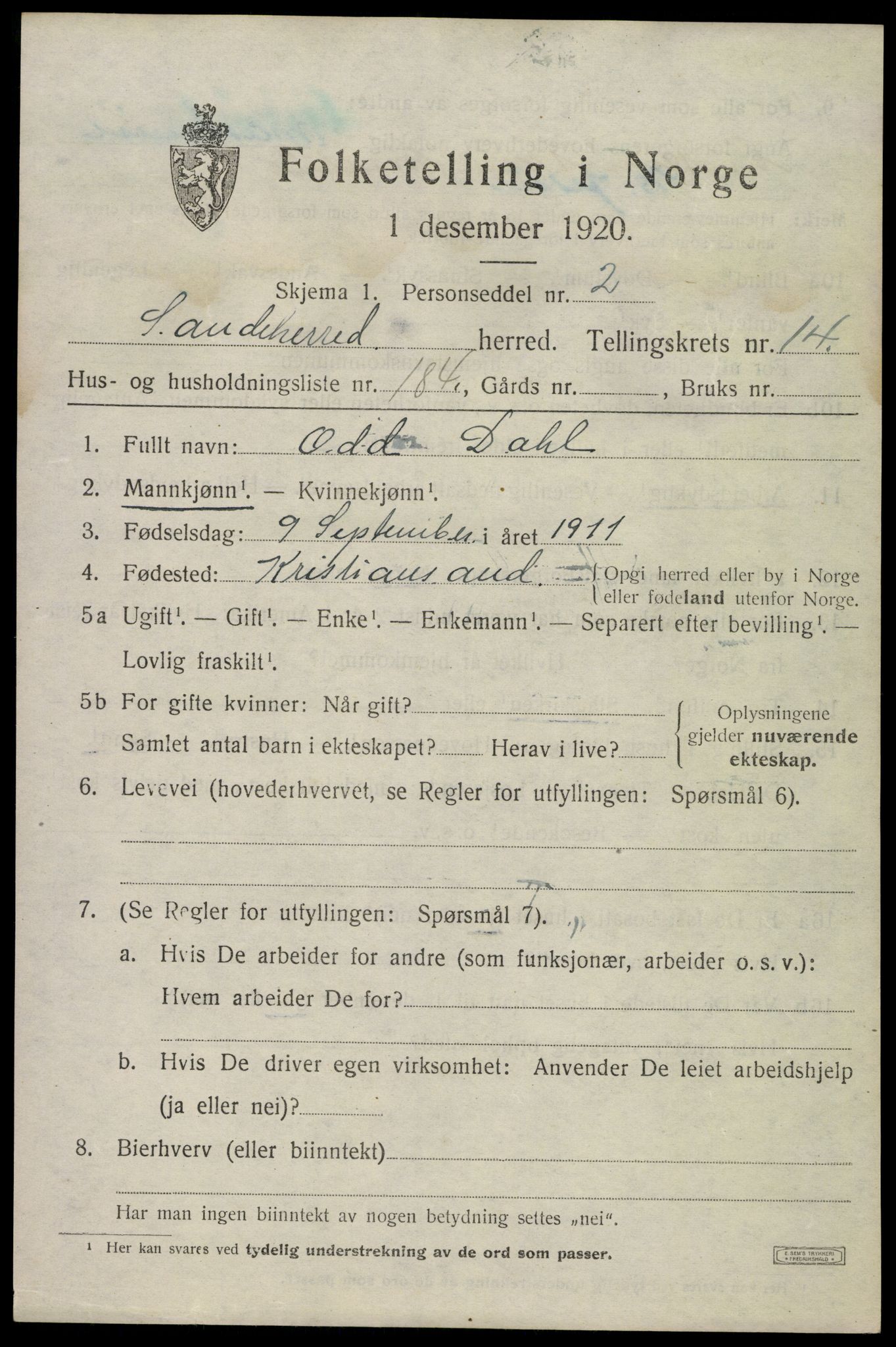 SAKO, 1920 census for Sandeherred, 1920, p. 22916