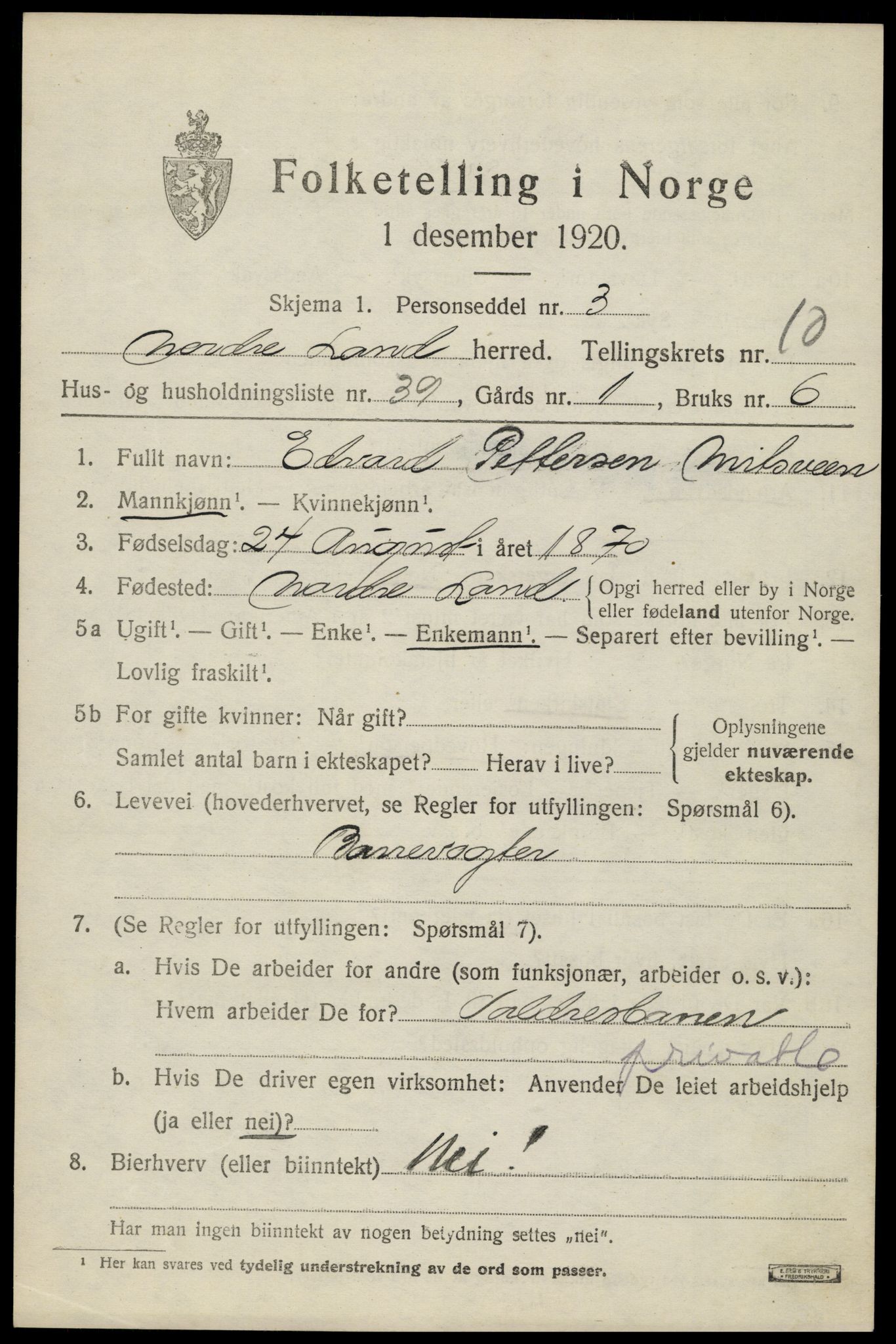 SAH, 1920 census for Nordre Land, 1920, p. 5650