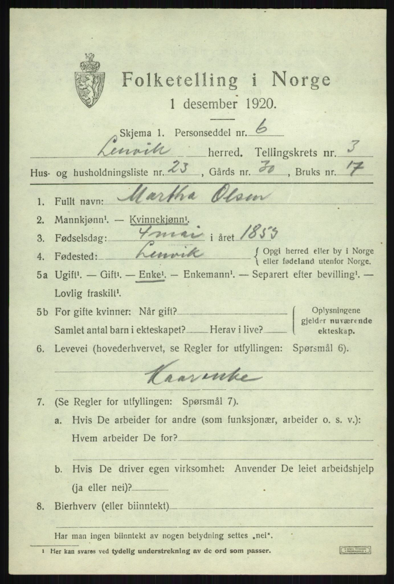 SATØ, 1920 census for Lenvik, 1920, p. 5020