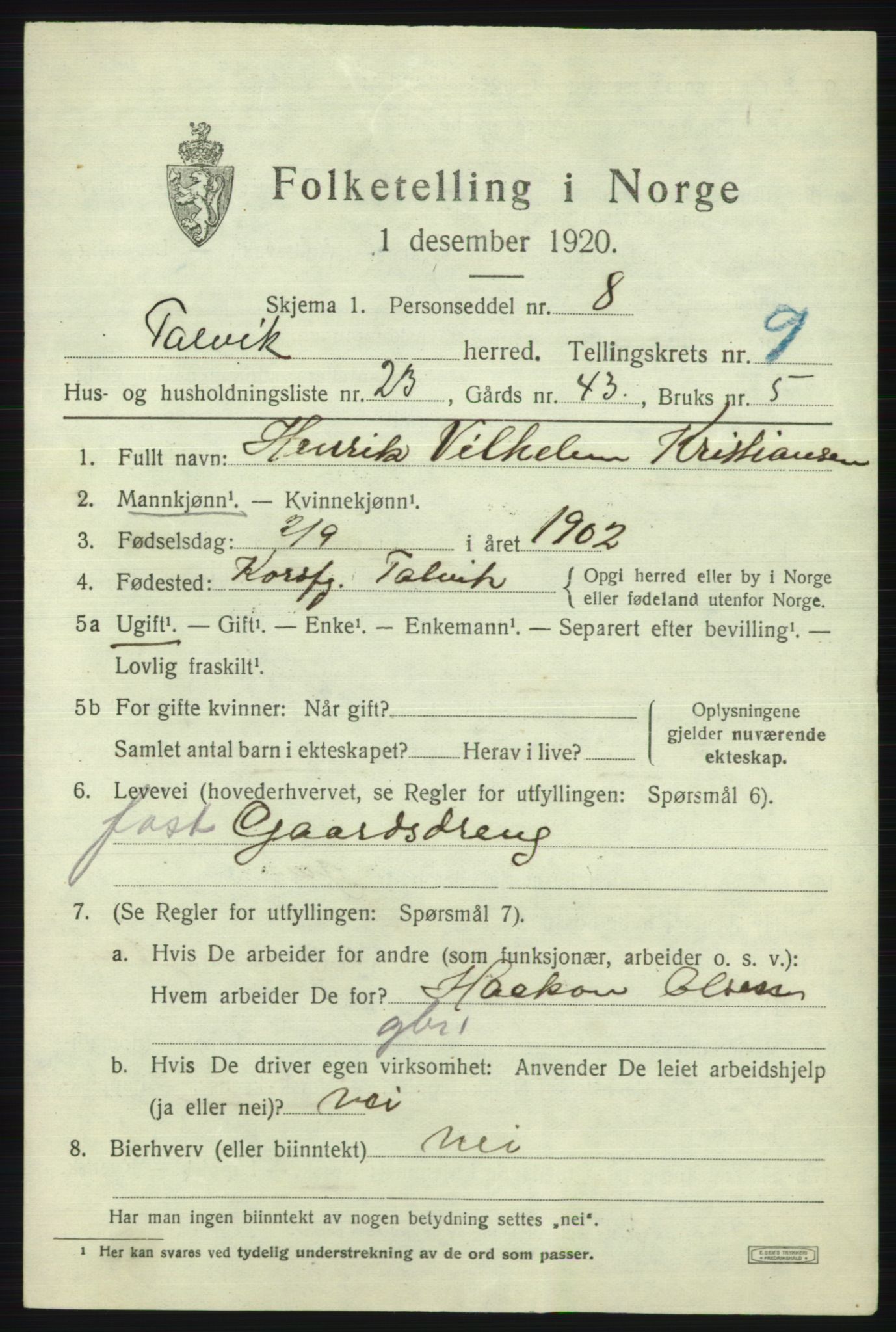 SATØ, 1920 census for Talvik, 1920, p. 5792