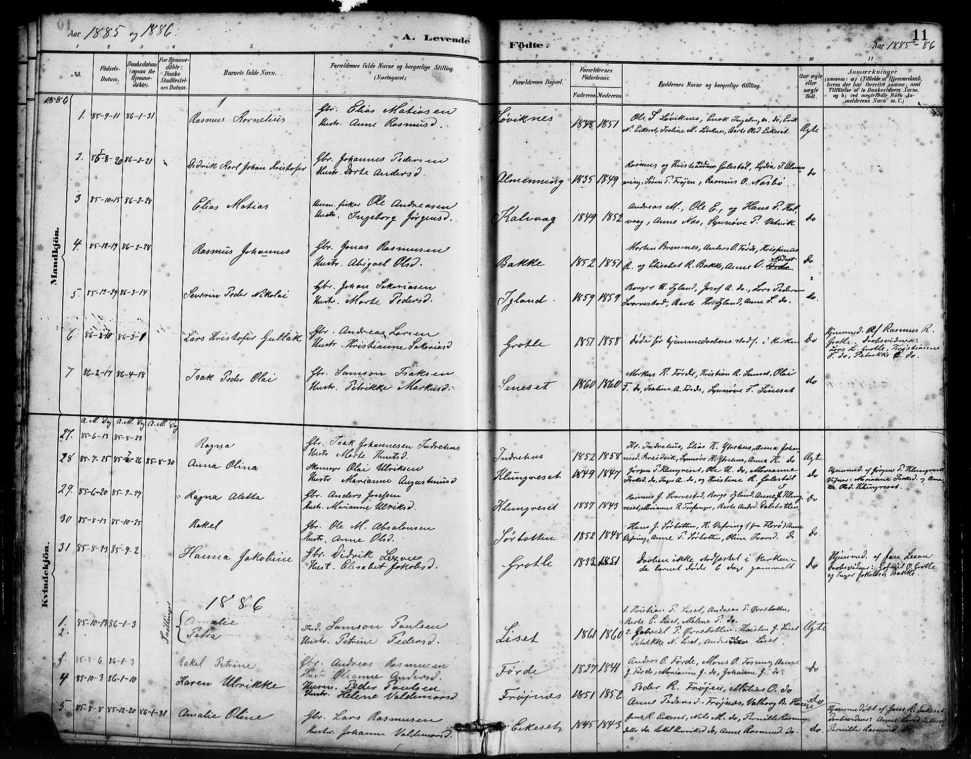 Bremanger sokneprestembete, SAB/A-82201/H/Haa/Haab/L0001: Parish register (official) no. B 1, 1884-1895, p. 11