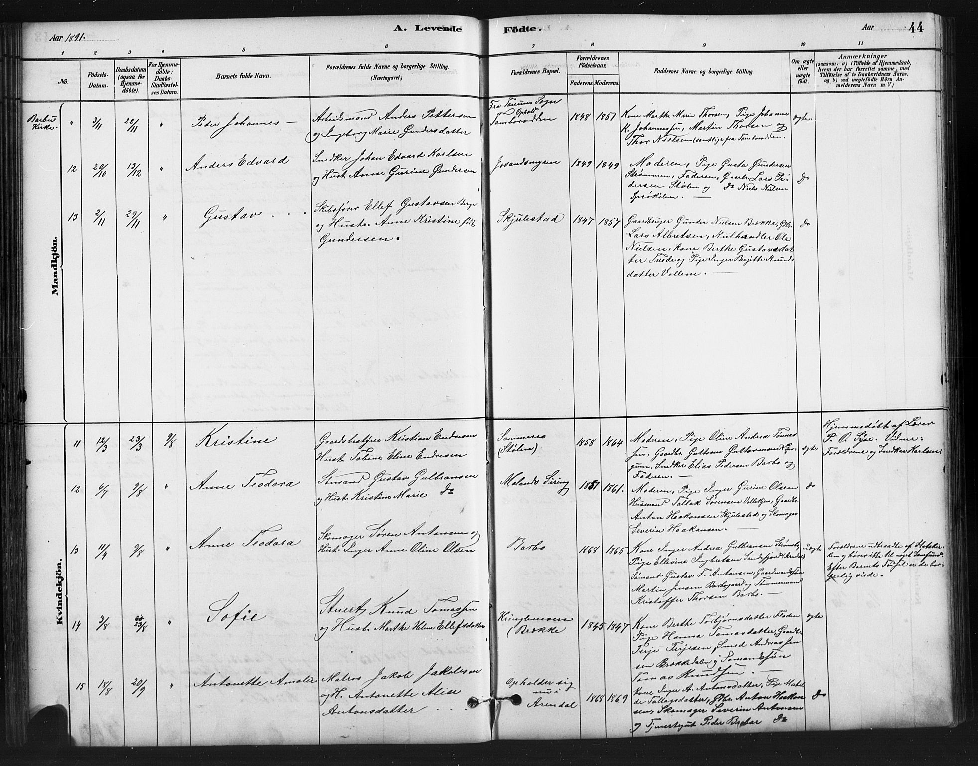 Austre Moland sokneprestkontor, AV/SAK-1111-0001/F/Fb/Fba/L0003: Parish register (copy) no. B 3, 1879-1914, p. 44