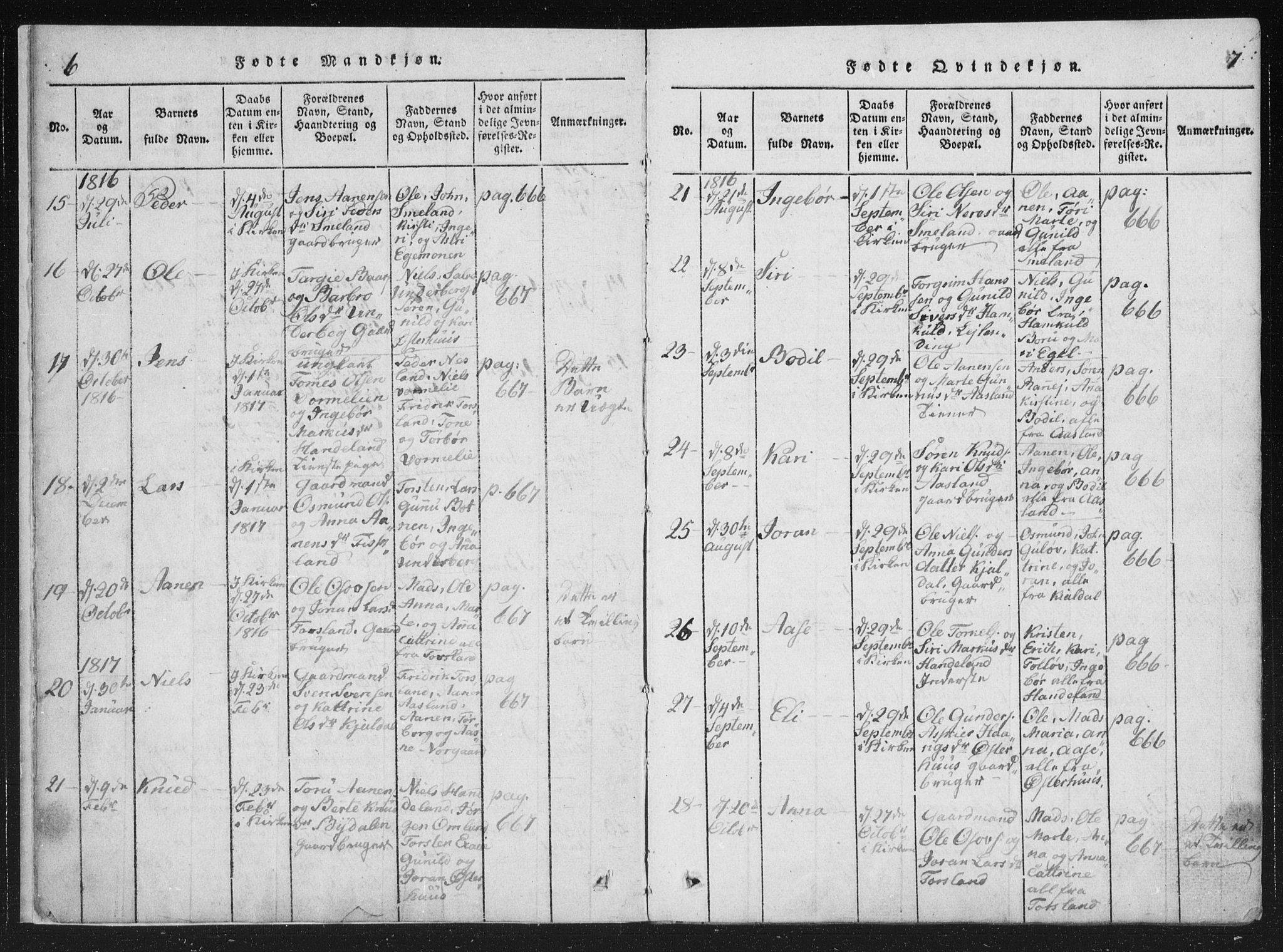 Åseral sokneprestkontor, SAK/1111-0051/F/Fa/L0001: Parish register (official) no. A 1, 1815-1853, p. 6-7