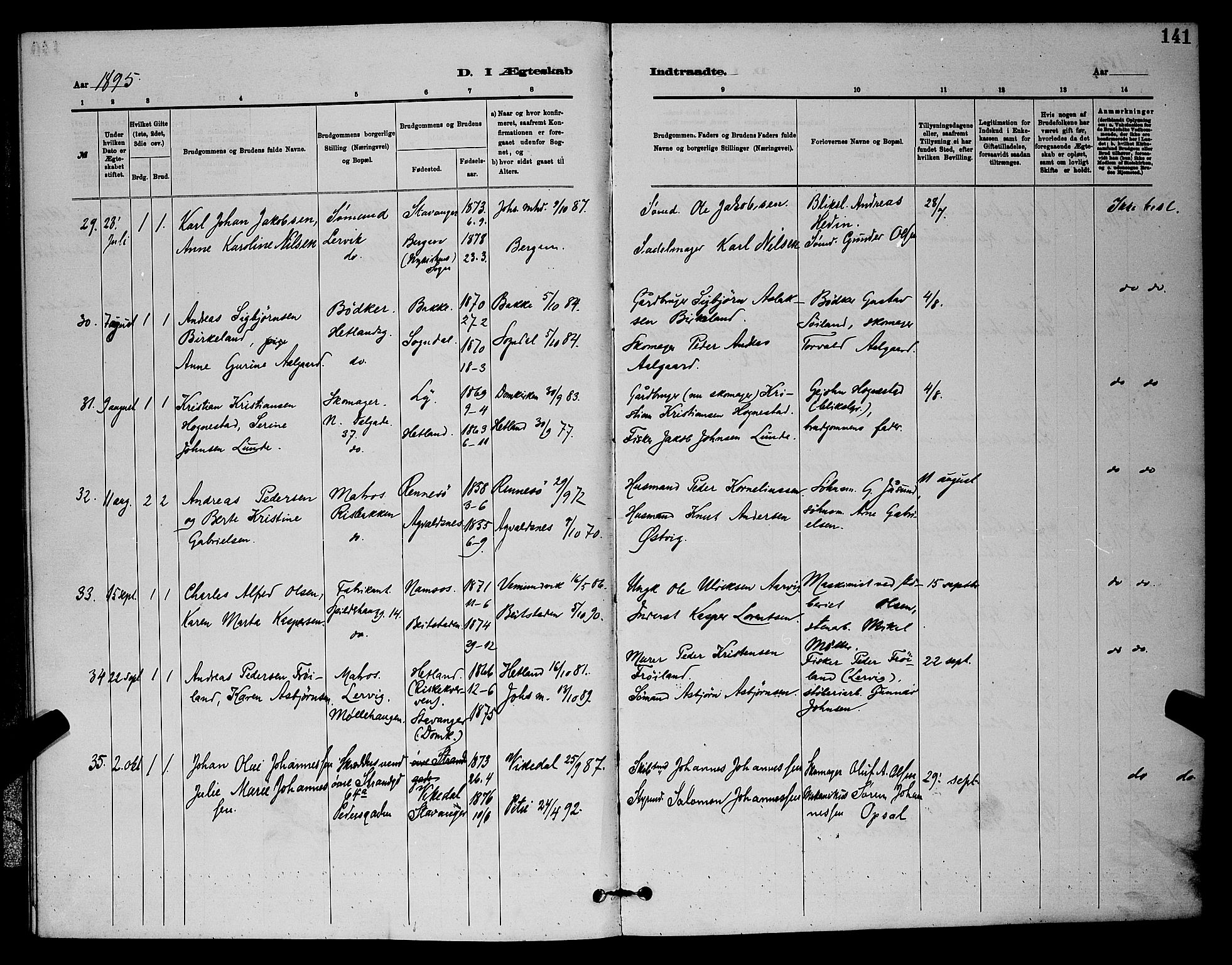 St. Johannes sokneprestkontor, AV/SAST-A-101814/001/30/30BB/L0001: Parish register (copy) no. B 1, 1885-1897, p. 141