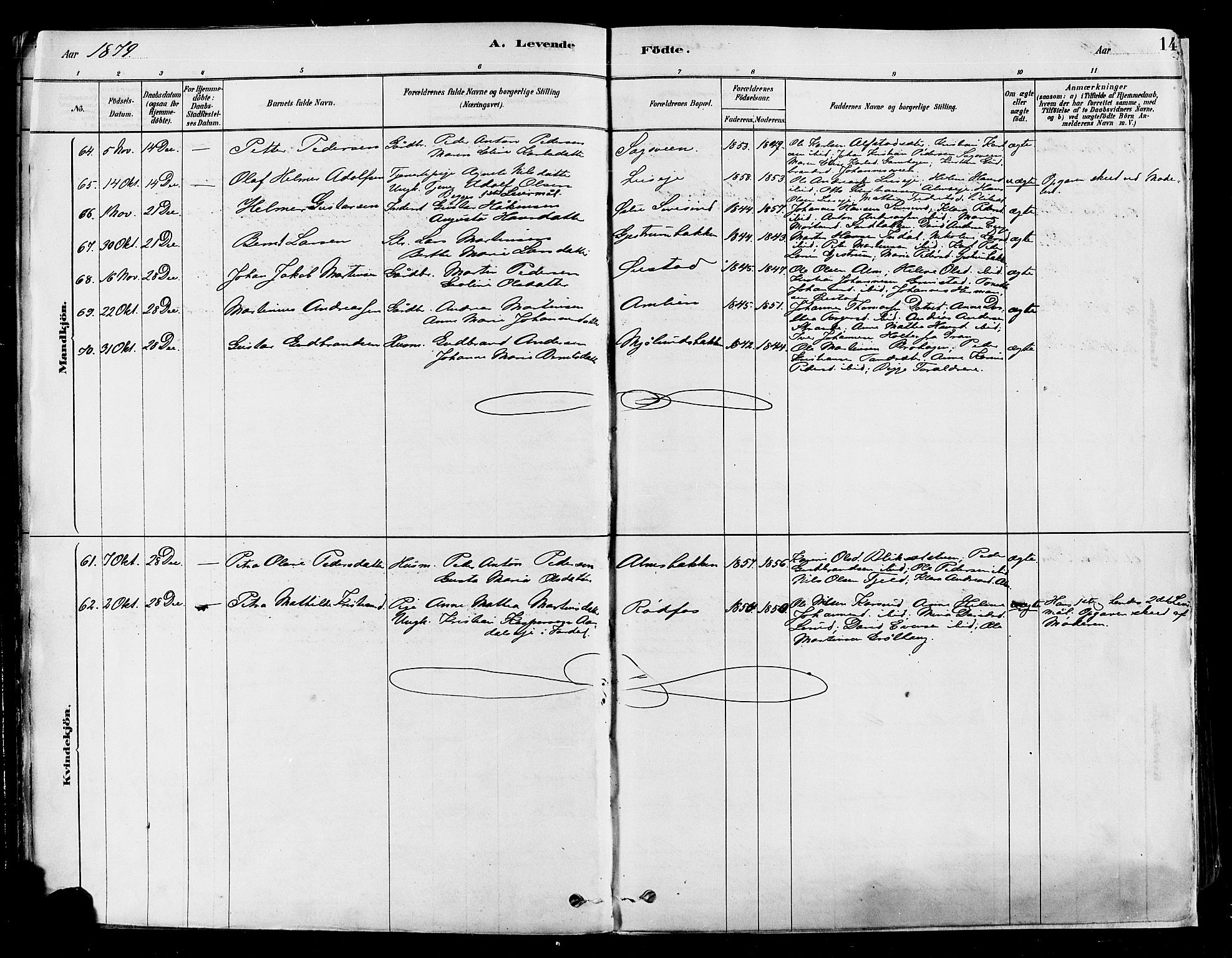 Vestre Toten prestekontor, SAH/PREST-108/H/Ha/Haa/L0009: Parish register (official) no. 9, 1878-1894, p. 14